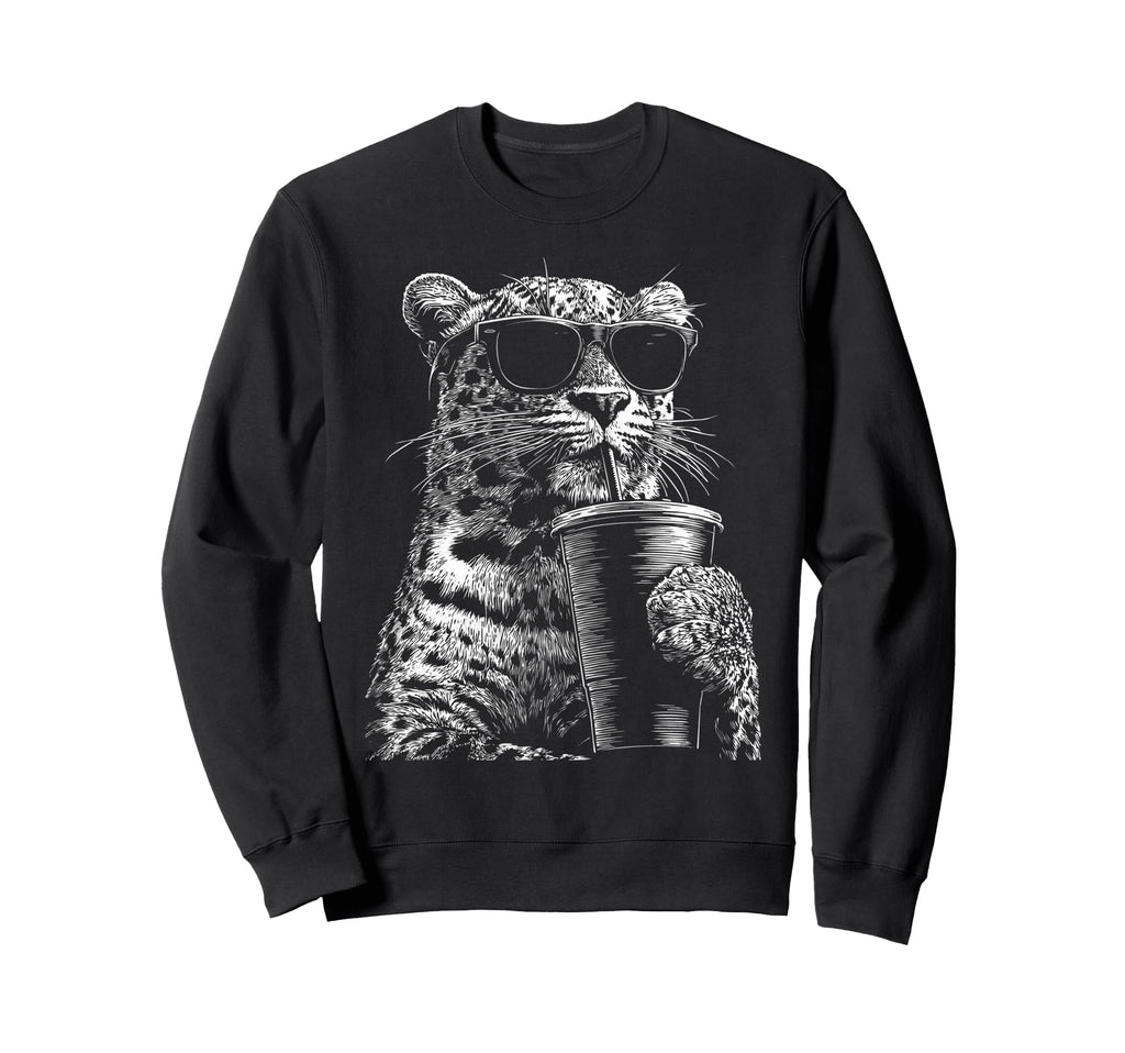 Leopard Drinking Iced Coffee Sweatshirt - Aesthetic Graphic for Adults - T-Shirt, Sweatshirt, Hoodie