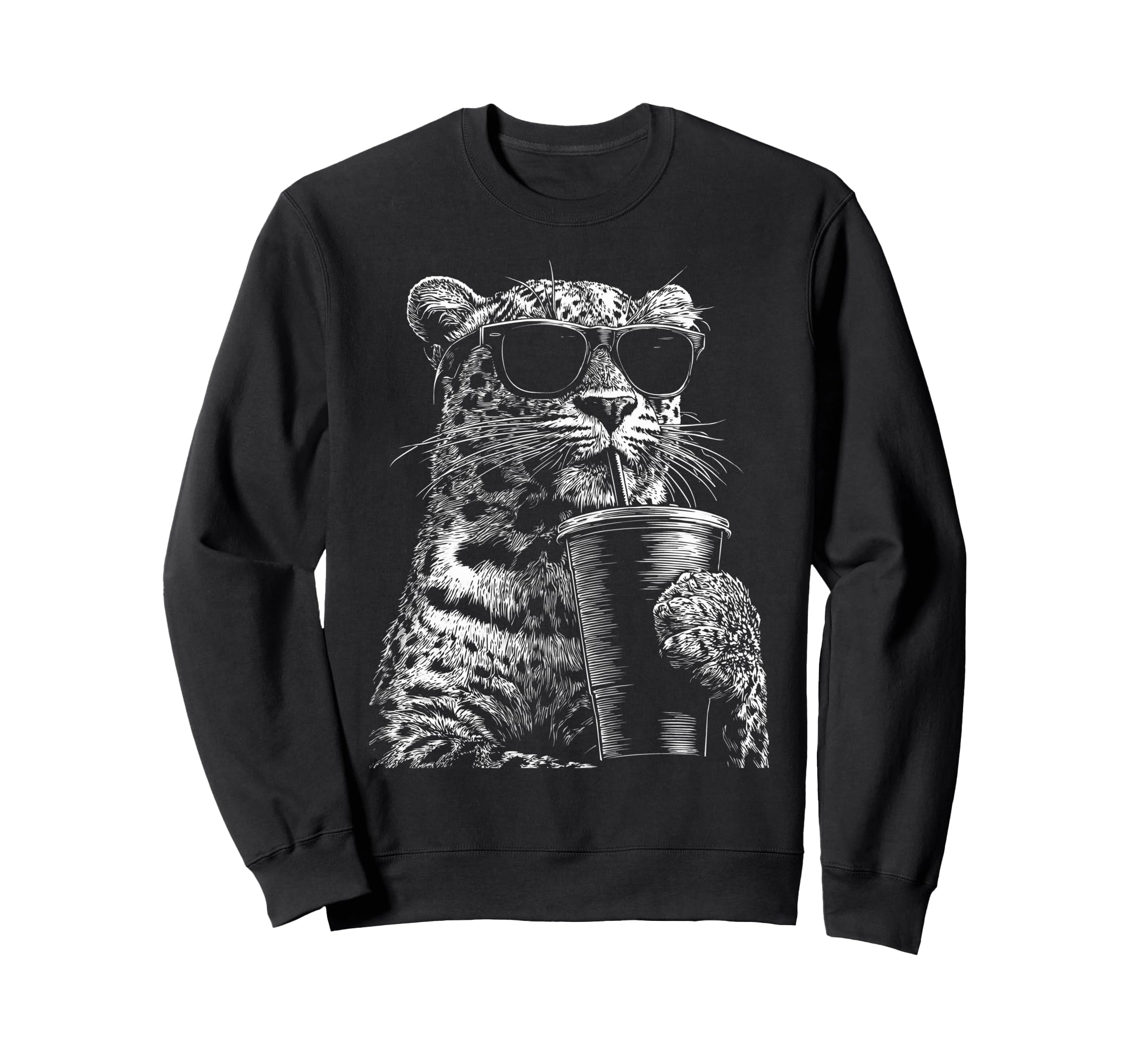 Leopard Drinking Iced Coffee Sweatshirt - Aesthetic Graphic for Adults - T-Shirt, Sweatshirt, Hoodie