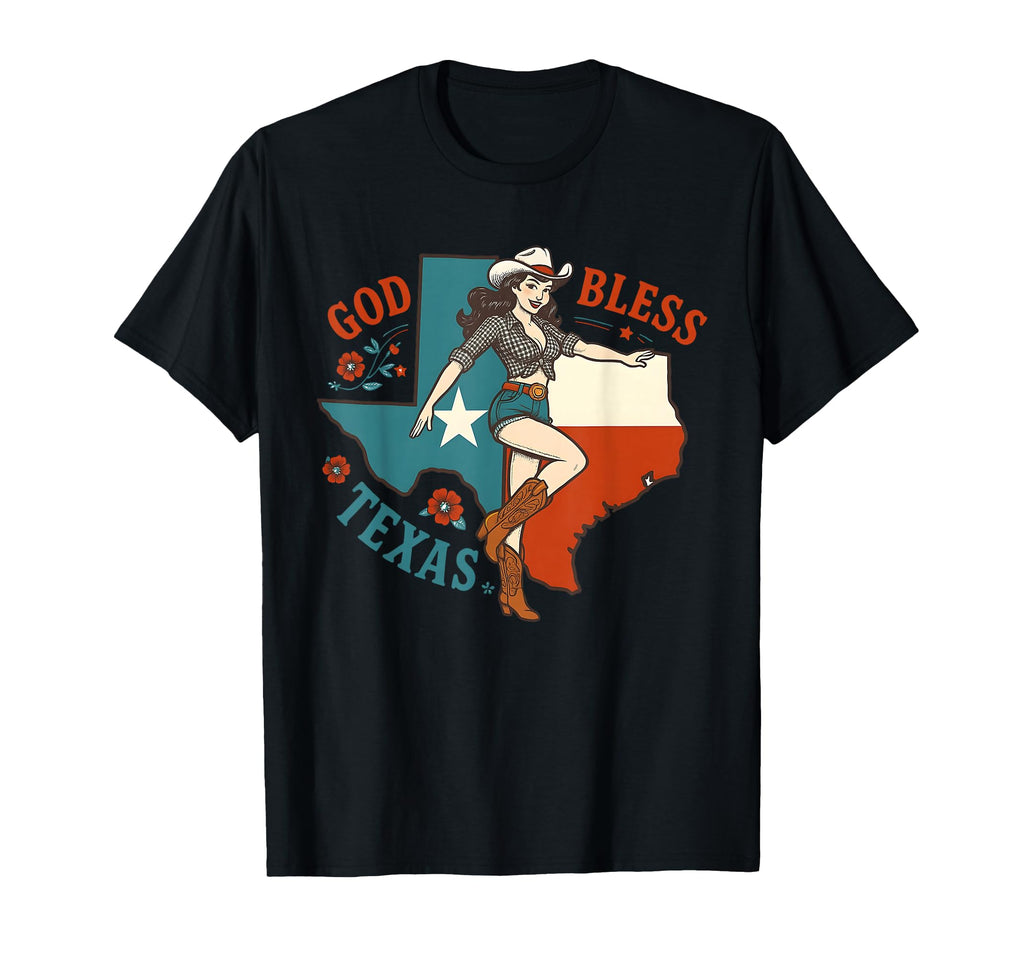 God Bless Texas Pin Up Cowgirl Texas T-Shirt - Aesthetic Graphic Unisex - T-Shirt, Sweatshirt, Hoodie