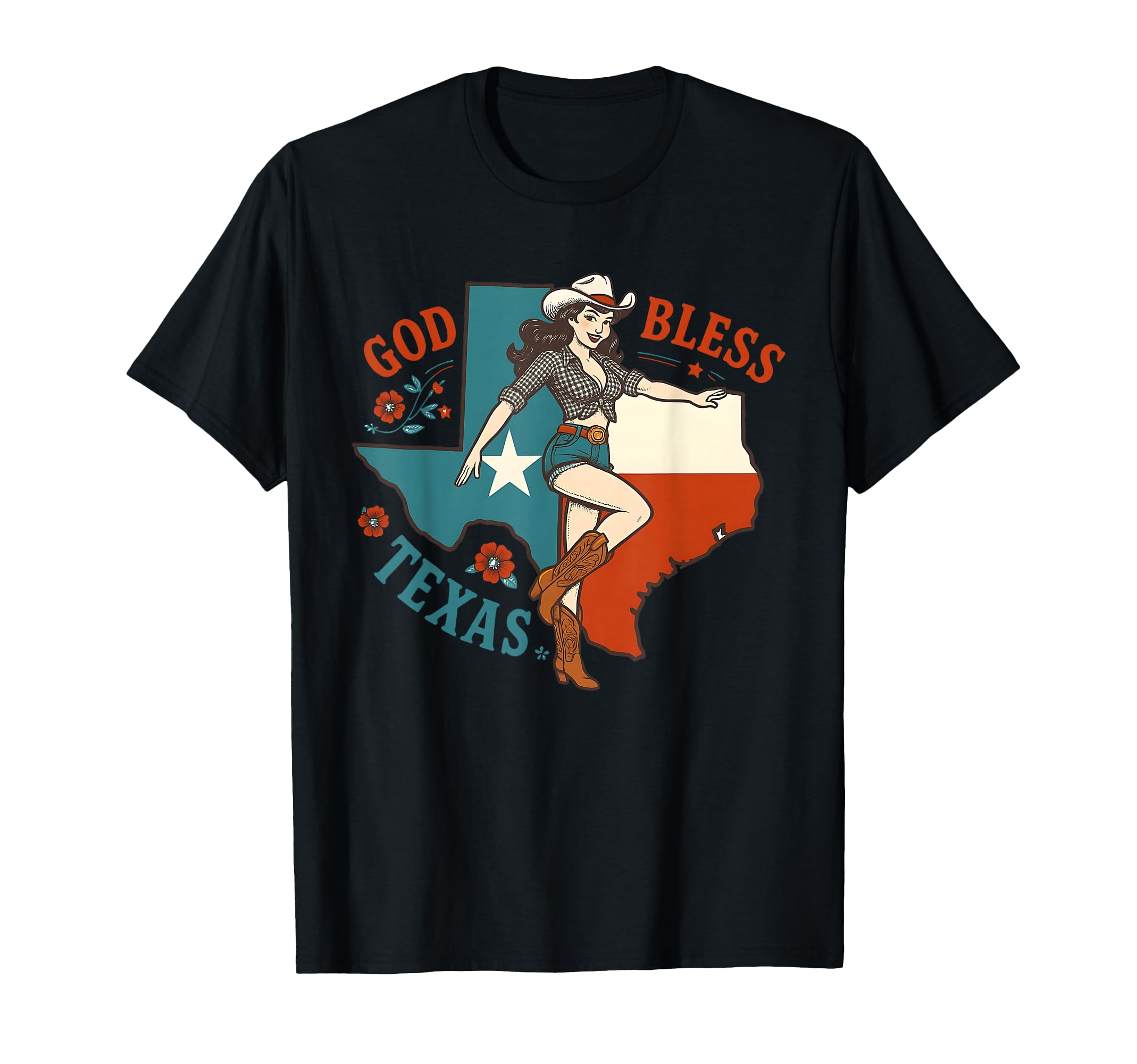 God Bless Texas Pin Up Cowgirl Texas T-Shirt - Aesthetic Graphic Unisex - T-Shirt, Sweatshirt, Hoodie