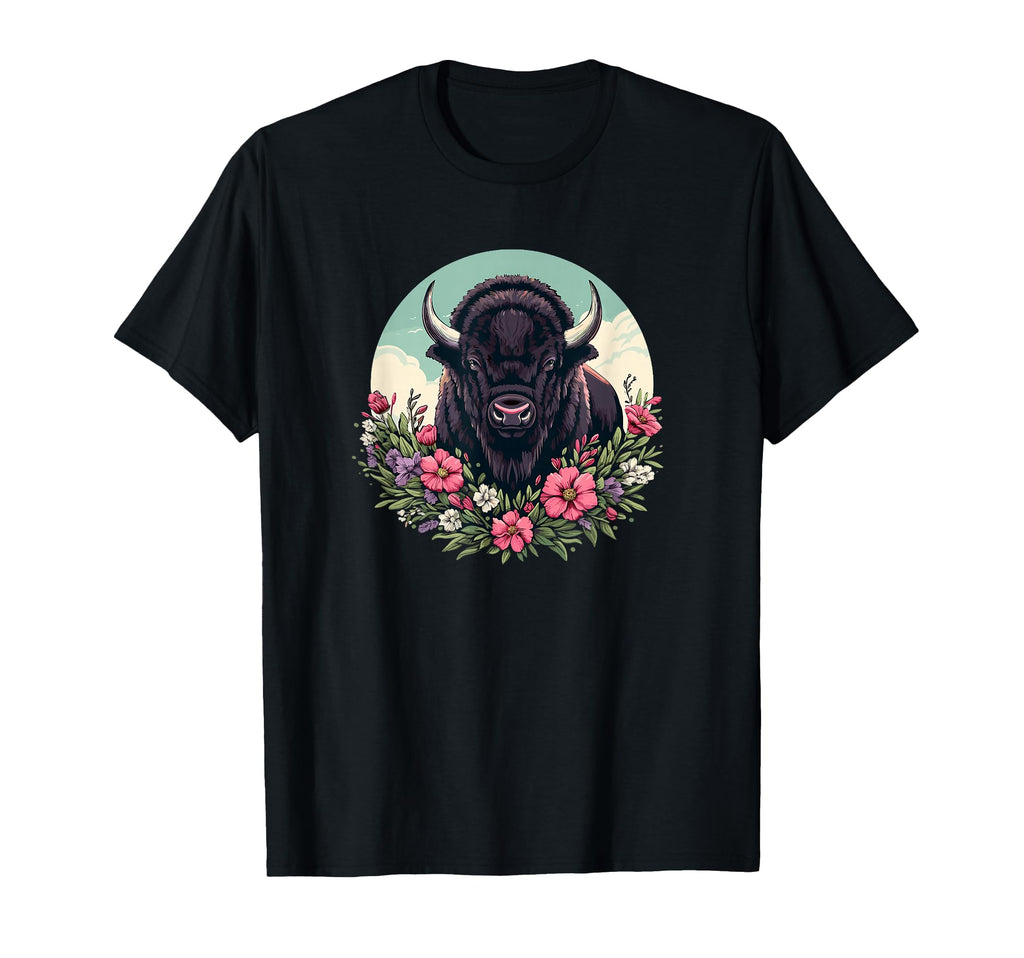 Womens Old West Floral Buffalo Lover T-Shirt - Minimalist Print for Adults - T-Shirt, Sweatshirt, Hoodie