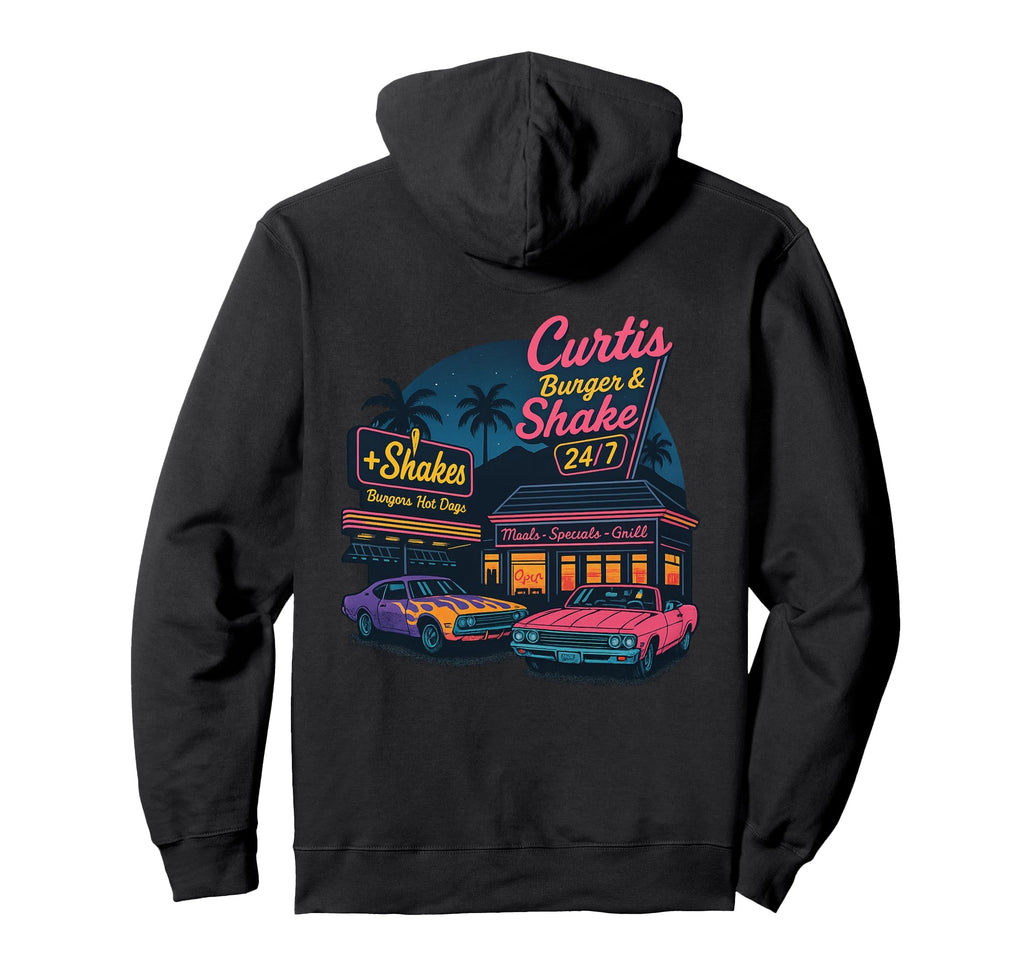 Curtis Burger And Shake Diner Night Back Hoodie - Novelty Apparel Unisex - T-Shirt, Sweatshirt, Hoodie