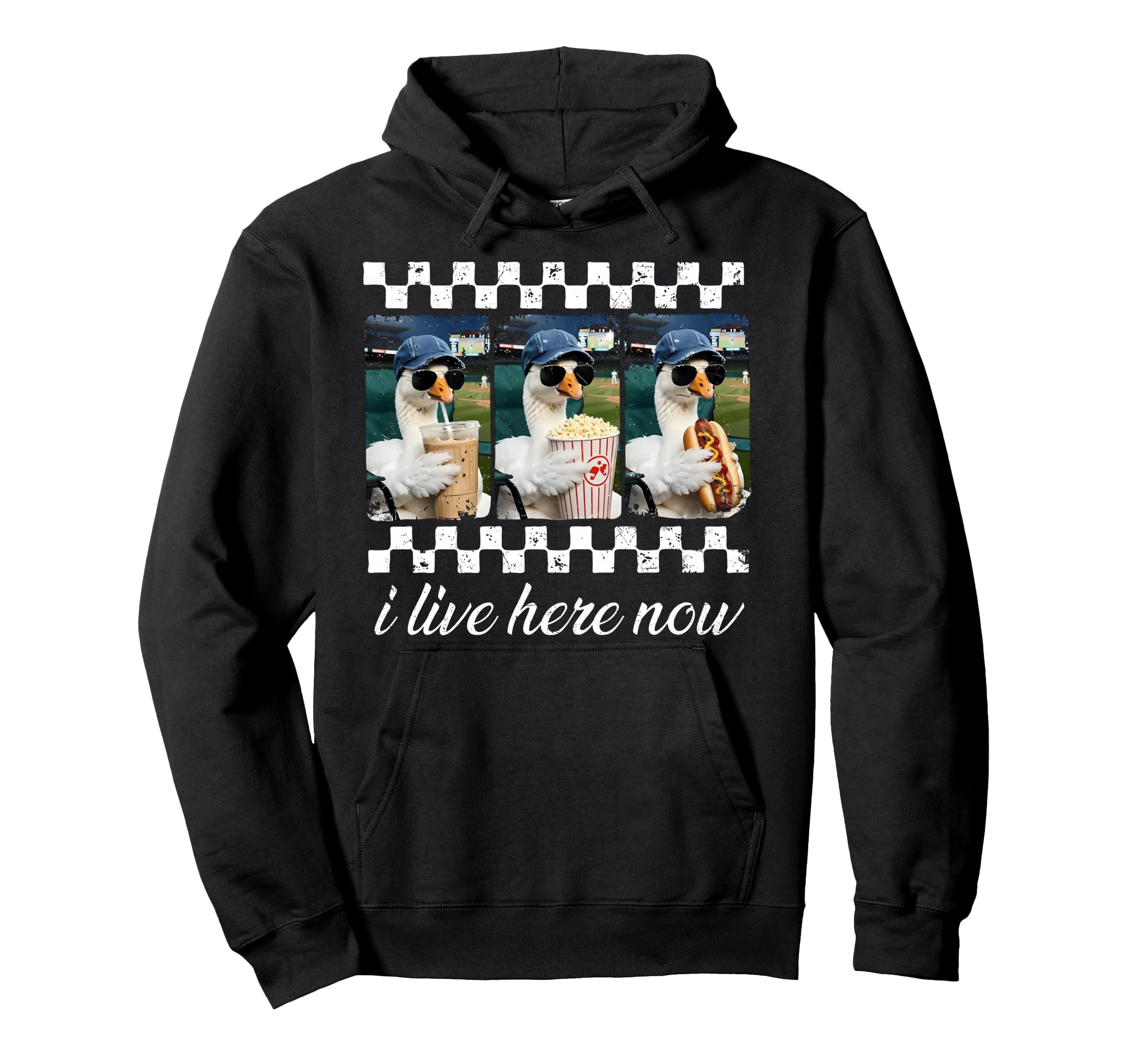 I Live Here Now Funny Goose Baseball Hoodie - Custom Art Print for Adults - T-Shirt, Sweatshirt, Hoodie