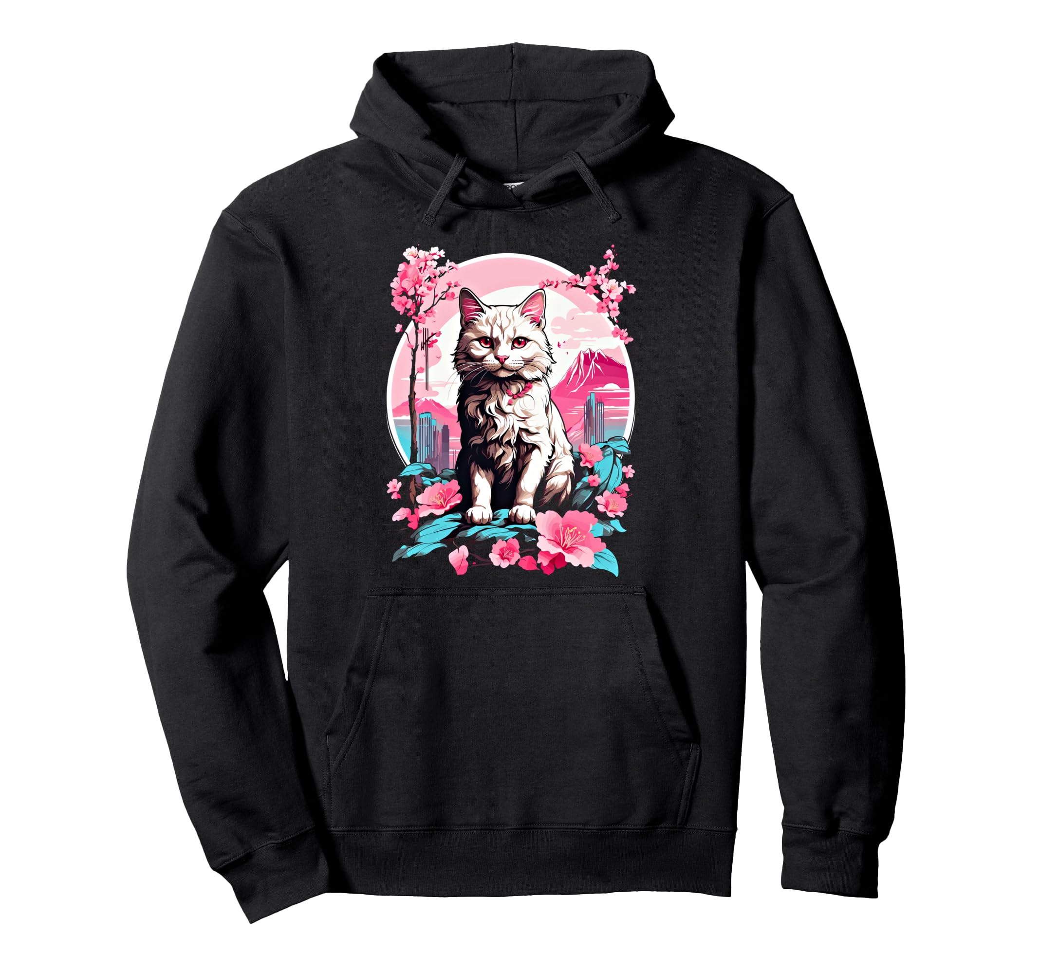 Anime Cat Japanese Aesthetic Japan Cherry Hoodie - Minimalist Print Unisex - T-Shirt, Sweatshirt, Hoodie