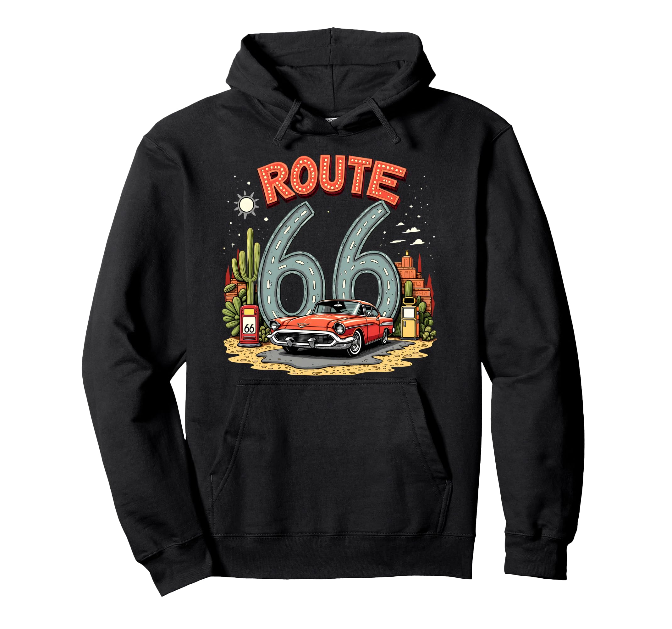 Desert Road Trip Route 66 Red Car Hoodie - Novelty Apparel Unisex - T-Shirt, Sweatshirt, Hoodie
