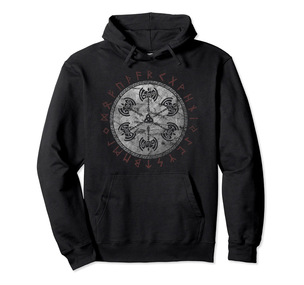Viking Axes Runes And Equilibrium Distressed Hoodie - Unique Graphic Unisex - T-Shirt, Sweatshirt, Hoodie