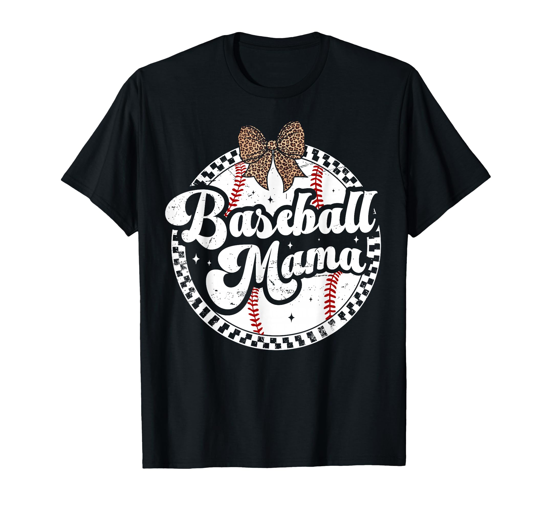 Baseball Mom Leopard Bow Checkered T-Shirt - Custom Art Print for Adults - T-Shirt, Sweatshirt, Hoodie