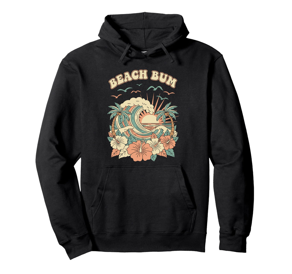 Beach Bum 70S Wave Sunset Hibiscus Flower Hoodie - Custom Art Print Unisex - T-Shirt, Sweatshirt, Hoodie