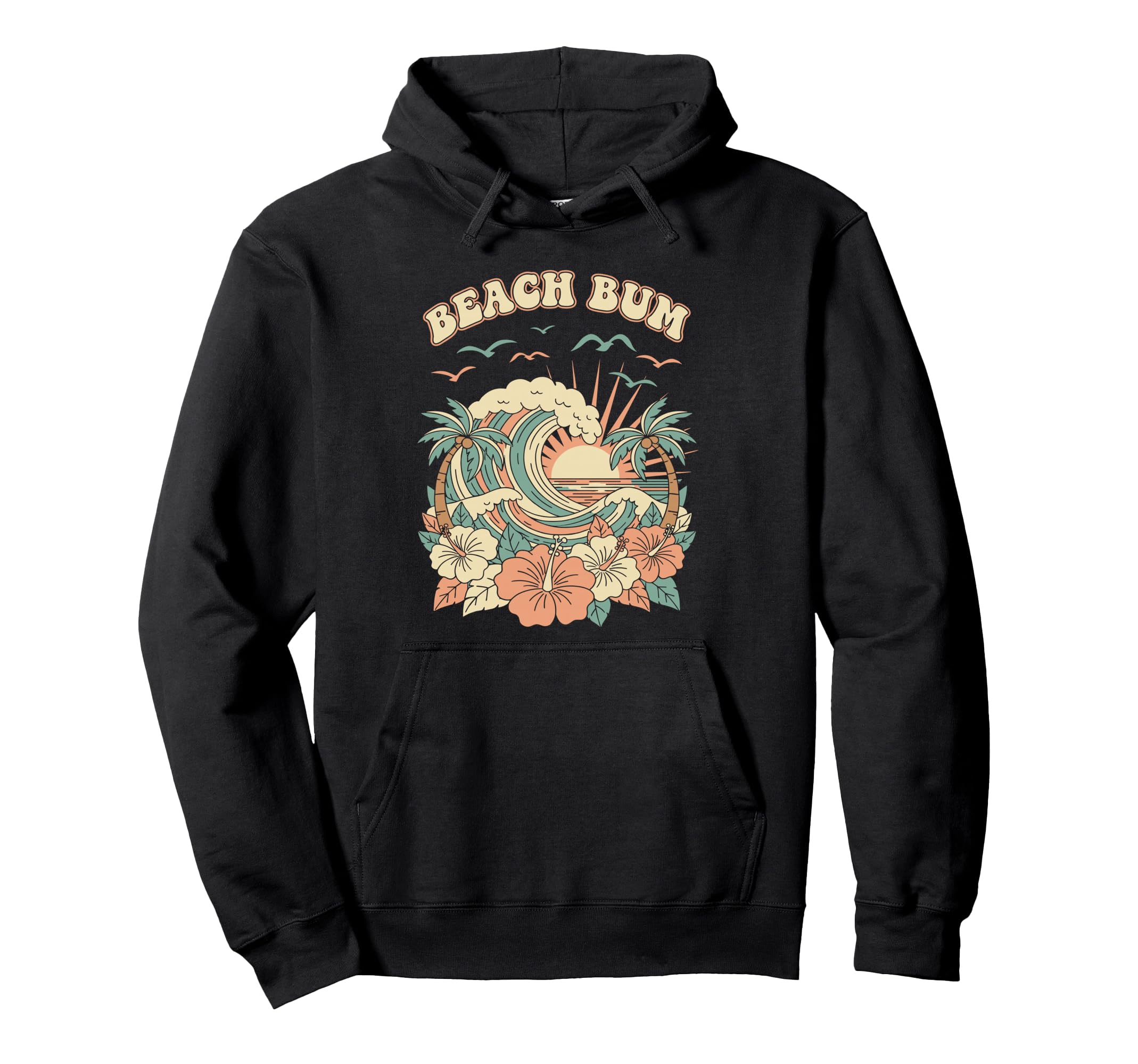Beach Bum 70S Wave Sunset Hibiscus Flower Hoodie - Custom Art Print Unisex - T-Shirt, Sweatshirt, Hoodie