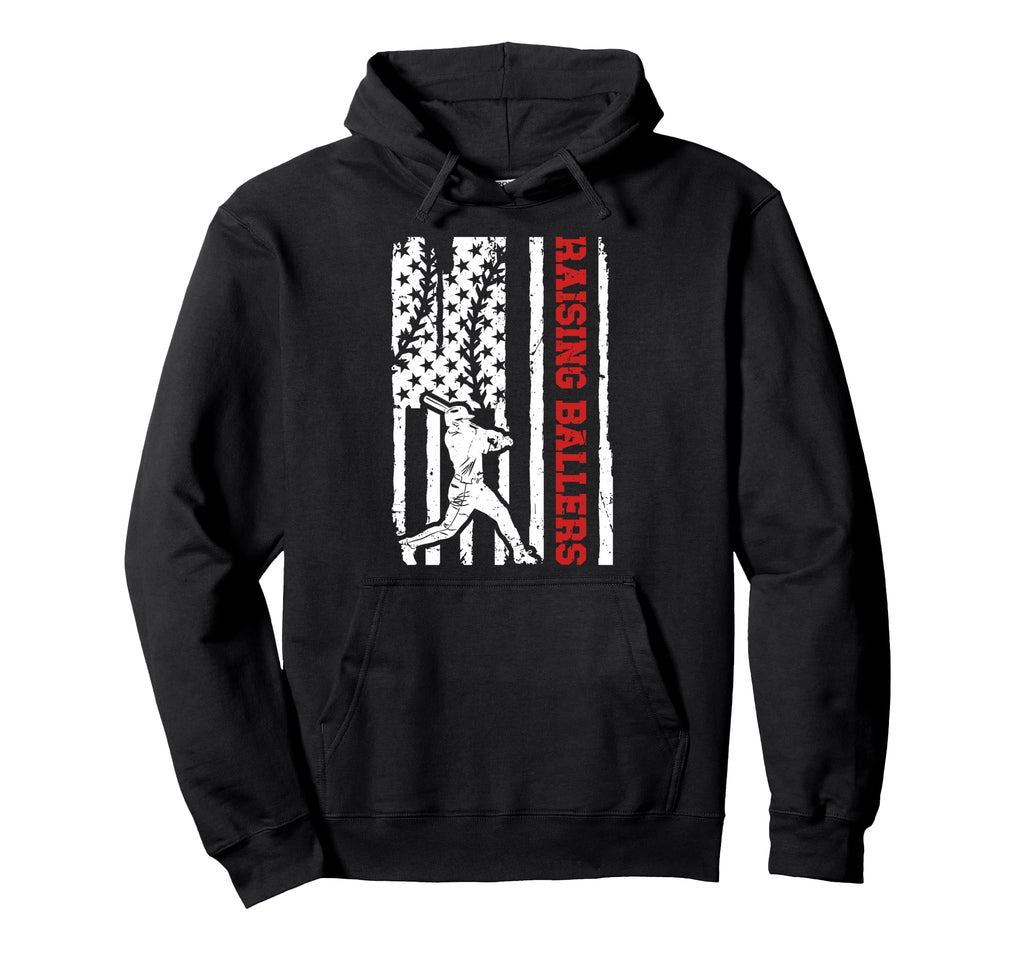 Raising Ballers Baseball Dad Us Flag Hoodie - Unique Graphic Men Women - T-Shirt, Sweatshirt, Hoodie