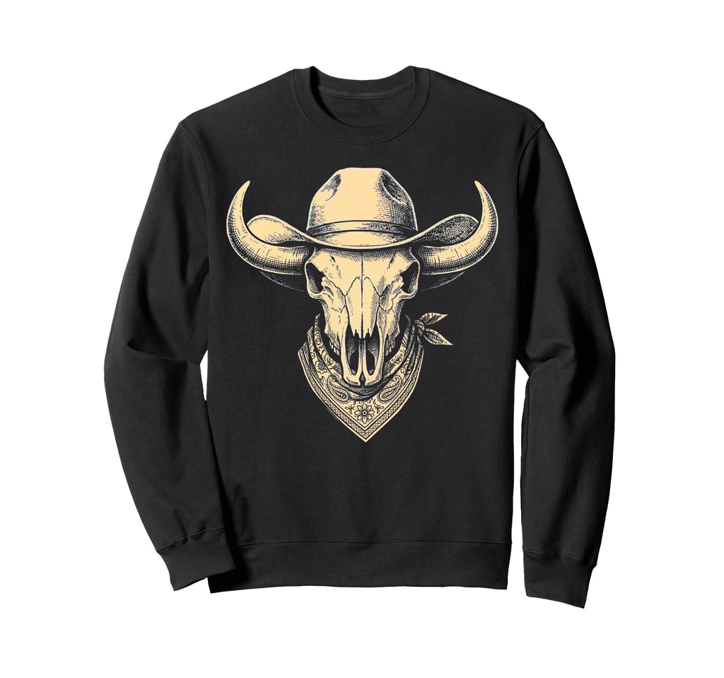 Bull Skull Cowboy Hat Bandana Sweatshirt - Casual Everyday Wear Men Women - T-Shirt, Sweatshirt, Hoodie