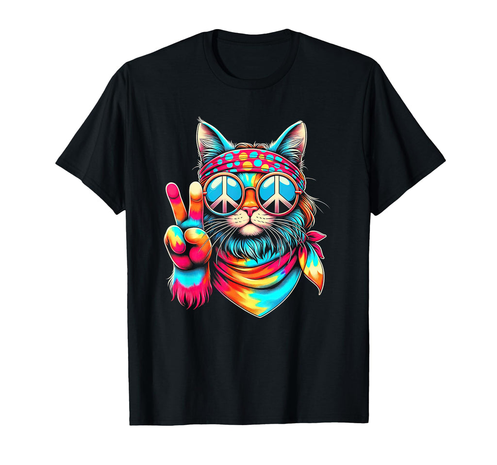 Funny Peace Cat 70S Rainbow Hippie T-Shirt - Custom Art Print Men Women - T-Shirt, Sweatshirt, Hoodie