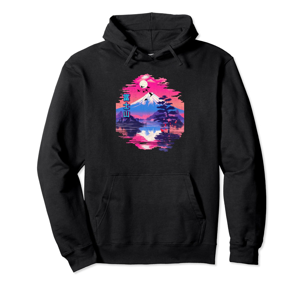 Mt Fuji Japan Flying Birds Distressed Hoodie - Trendy Graphic Unisex - T-Shirt, Sweatshirt, Hoodie