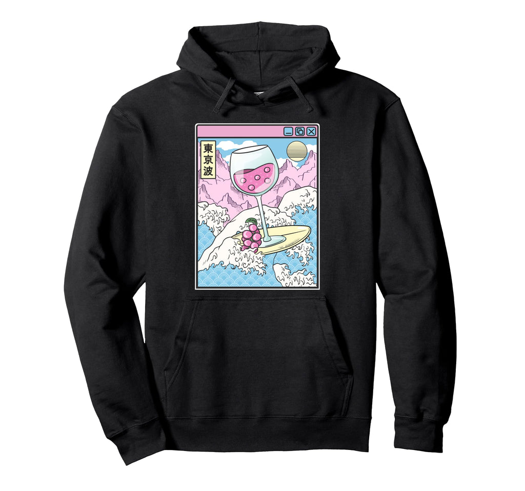 Surfing Wine Glass Japan Waves Anime Hoodie - Aesthetic Graphic Men Women - T-Shirt, Sweatshirt, Hoodie
