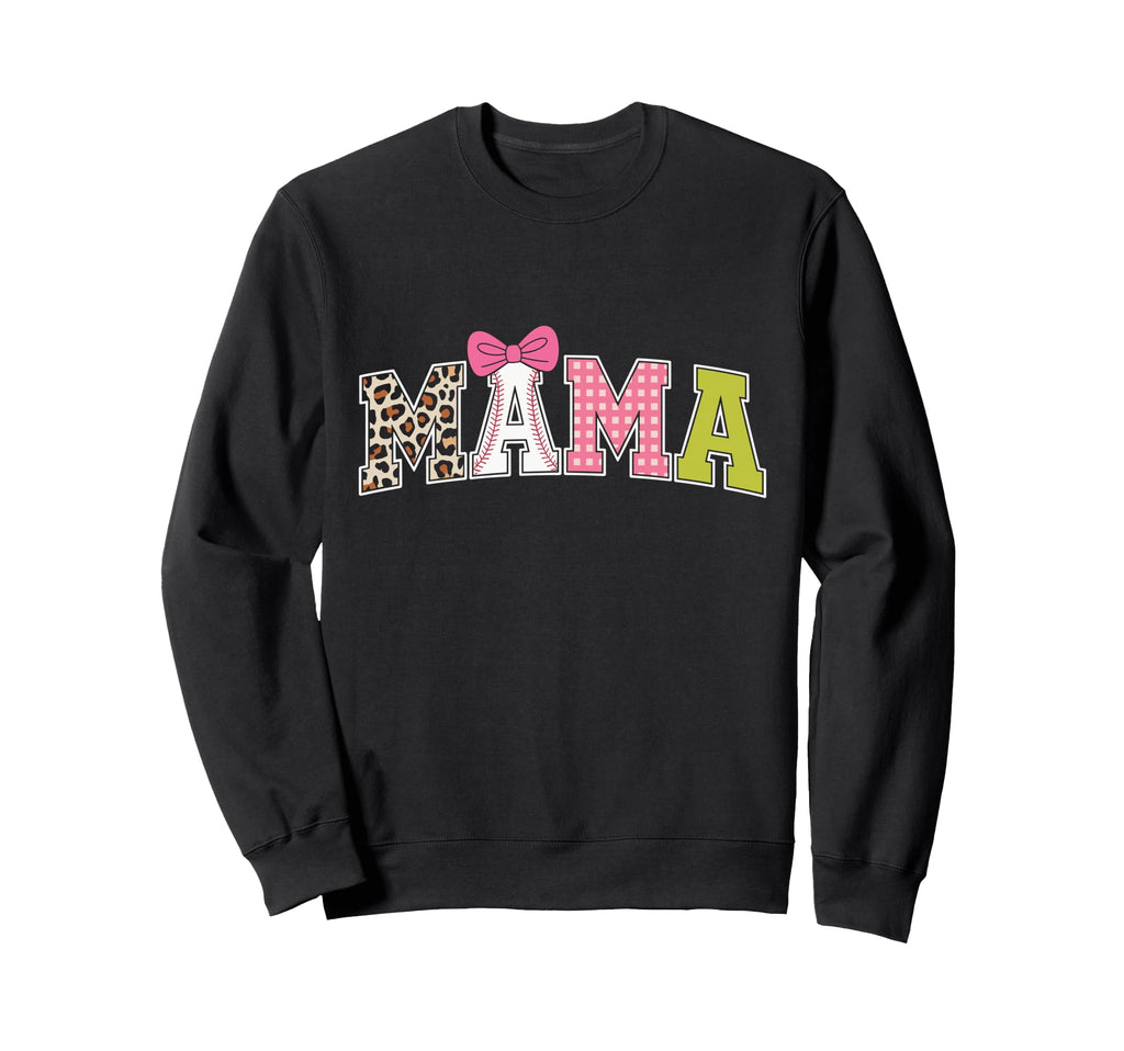 Mama Baseball Bow Ribbon Leopard Gingham Sweatshirt - Graphic Print Unisex - T-Shirt, Sweatshirt, Hoodie