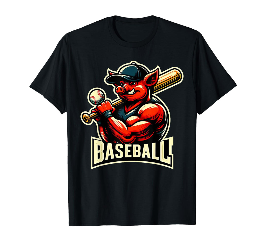 Muscular Pig Baseball Lover Mascot T-Shirt - Casual Everyday Wear Unisex - T-Shirt, Sweatshirt, Hoodie