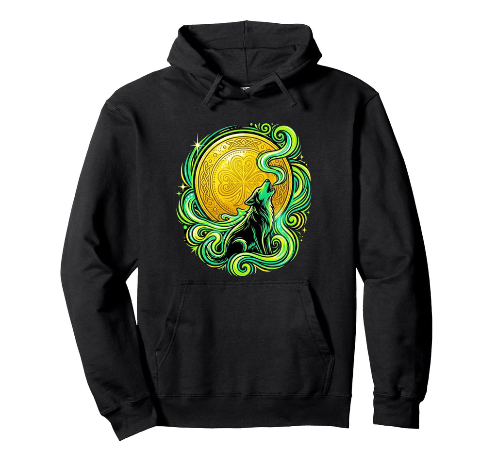 Lucky Irish Howling Dog Shamrock Moon Hoodie - Casual Everyday Wear Unisex - T-Shirt, Sweatshirt, Hoodie