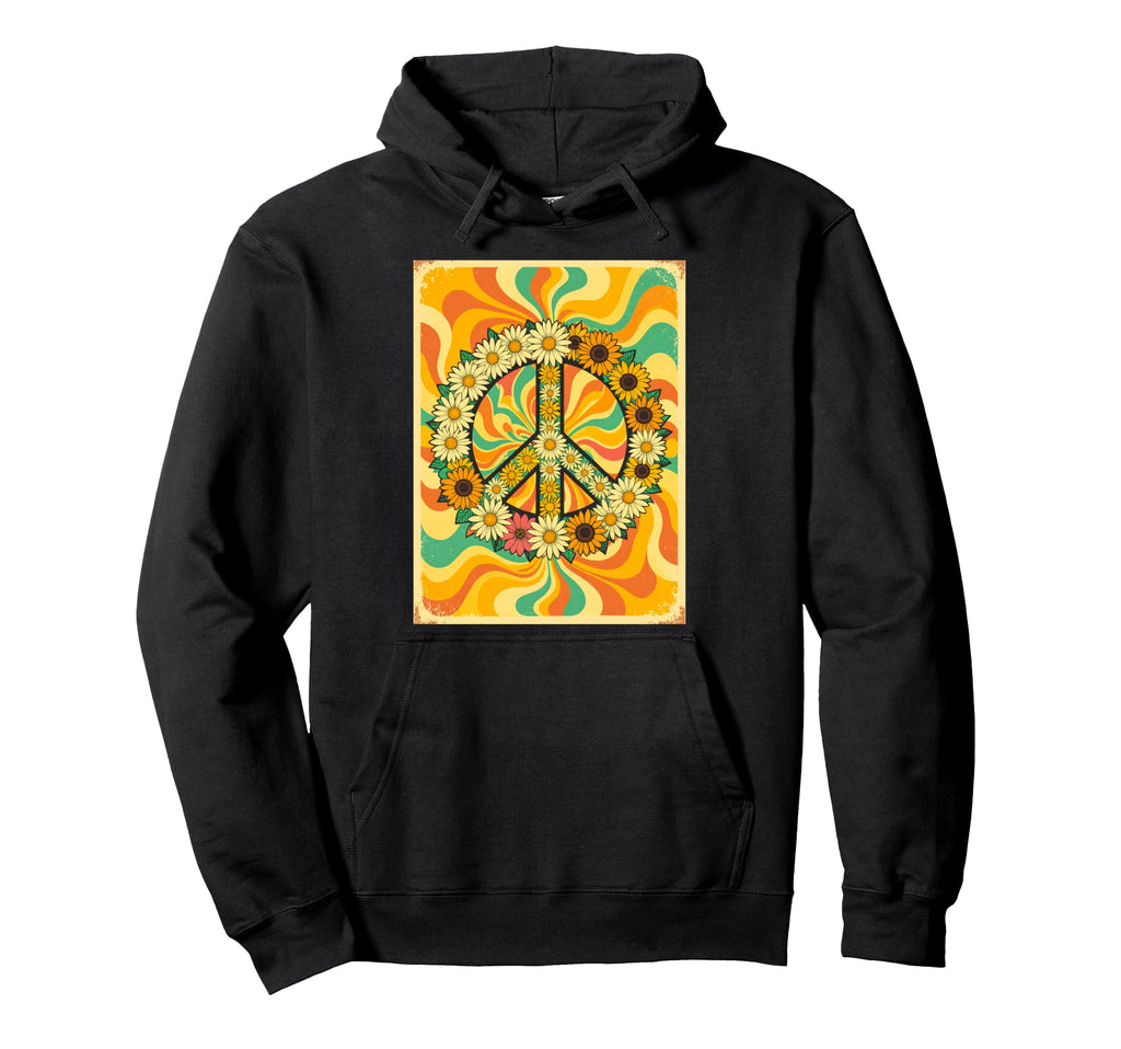 Floral Peace Hand Gesture Groovy Colors Hoodie - Graphic Print for Adults - T-Shirt, Sweatshirt, Hoodie