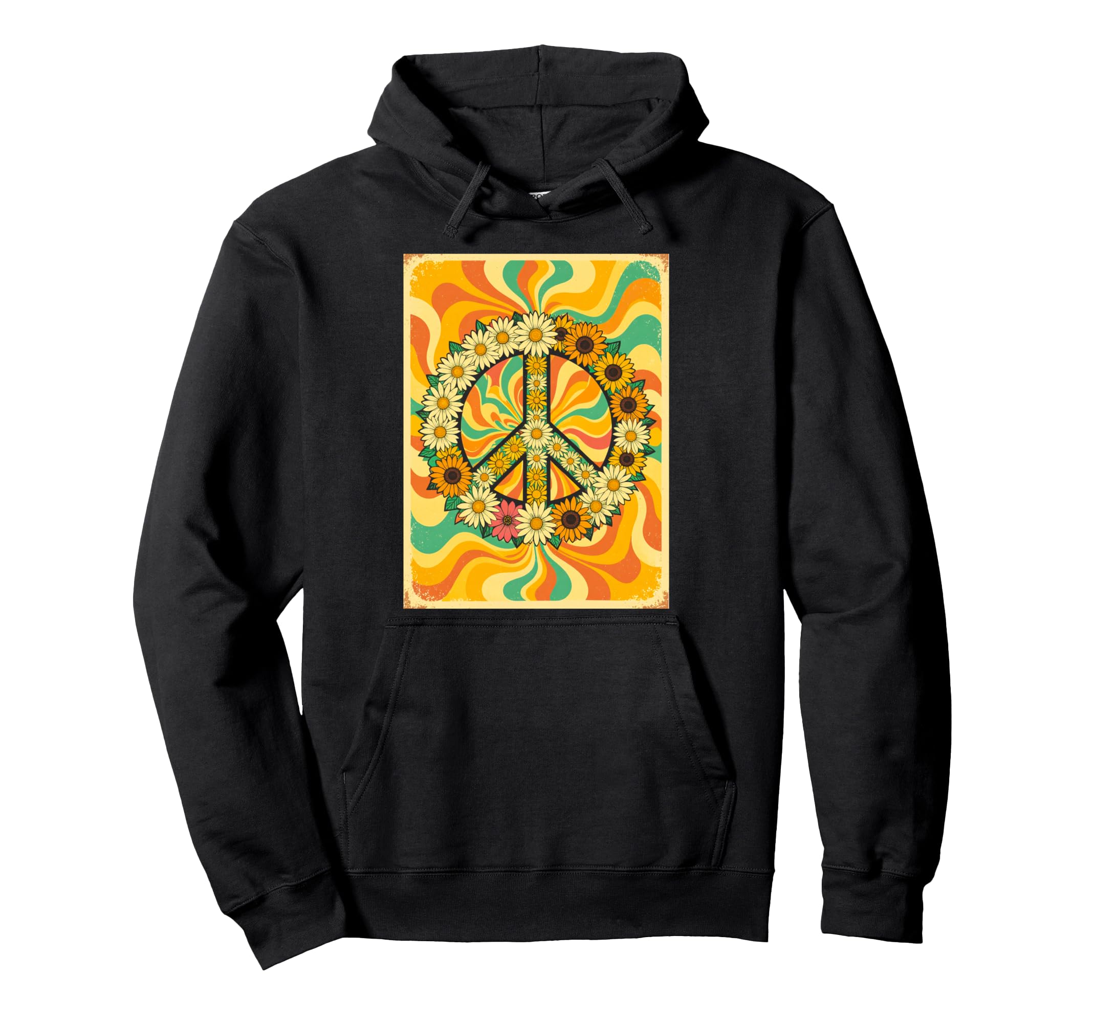 Floral Peace Hand Gesture Groovy Colors Hoodie - Graphic Print for Adults - T-Shirt, Sweatshirt, Hoodie