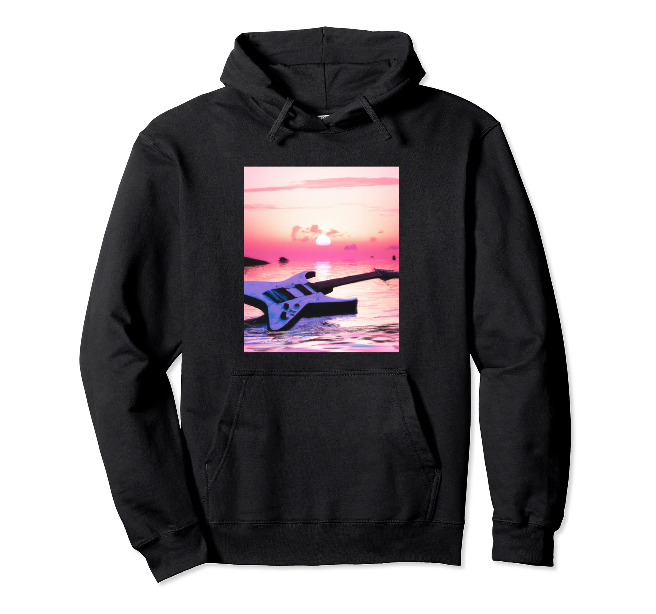 Vaporwave Guitar Synthwave Sunset E Hoodie - Graphic Print Men Women - T-Shirt, Sweatshirt, Hoodie