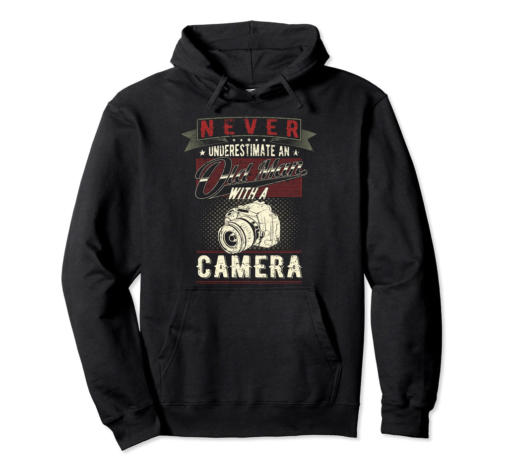 Never Underestimate Old Camera Hoodie - Unique Graphic for Adults - T-Shirt, Sweatshirt, Hoodie