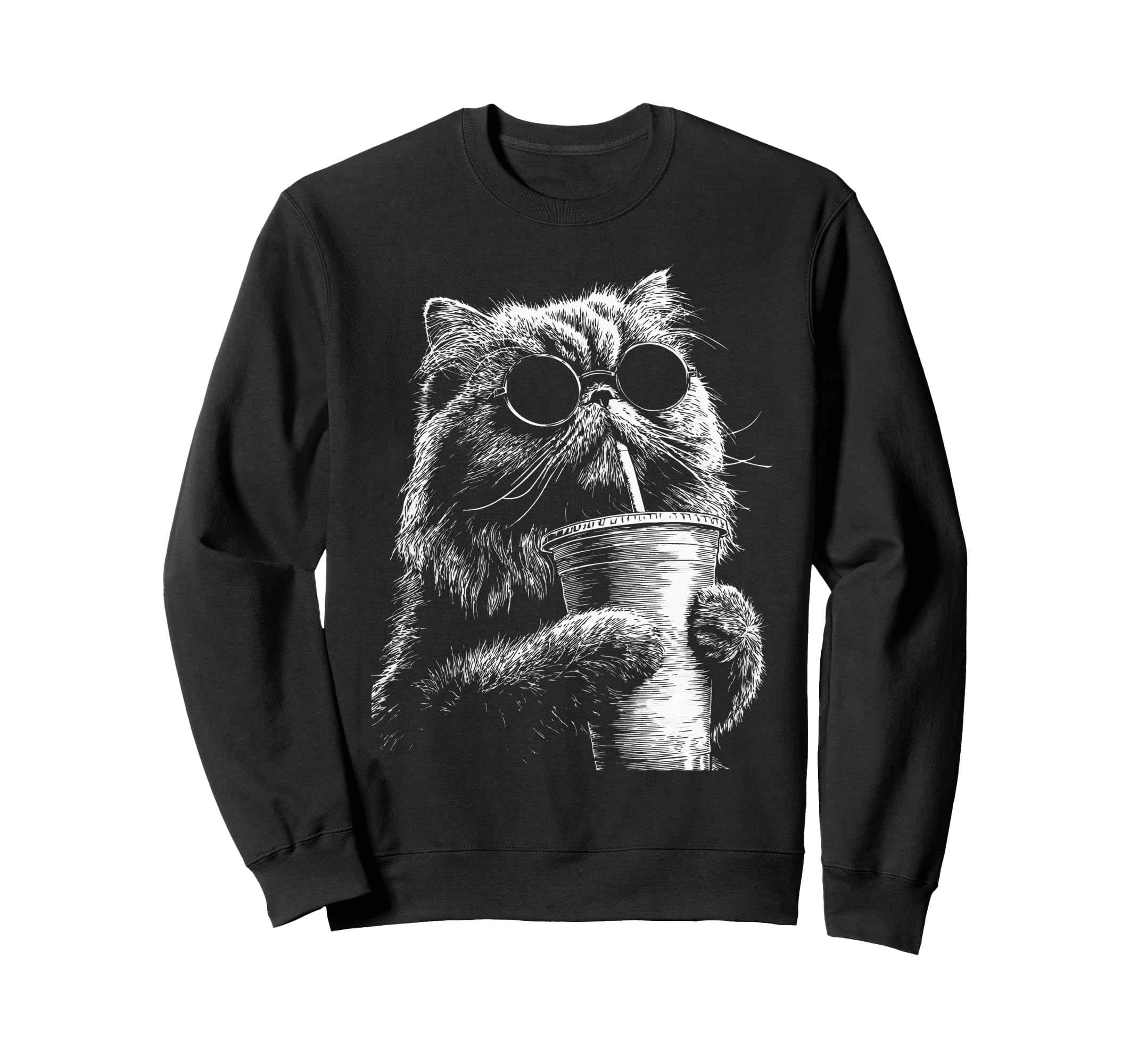 Persian Cat Drinking Iced Coffee Sweatshirt - Novelty Apparel for Adults - T-Shirt, Sweatshirt, Hoodie