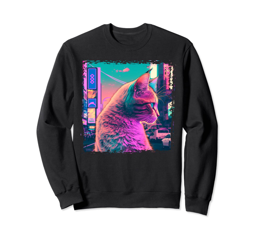 Japanese Aesthetic Synthwave Cat Sweatshirt - Custom Art Print Unisex - T-Shirt, Sweatshirt, Hoodie
