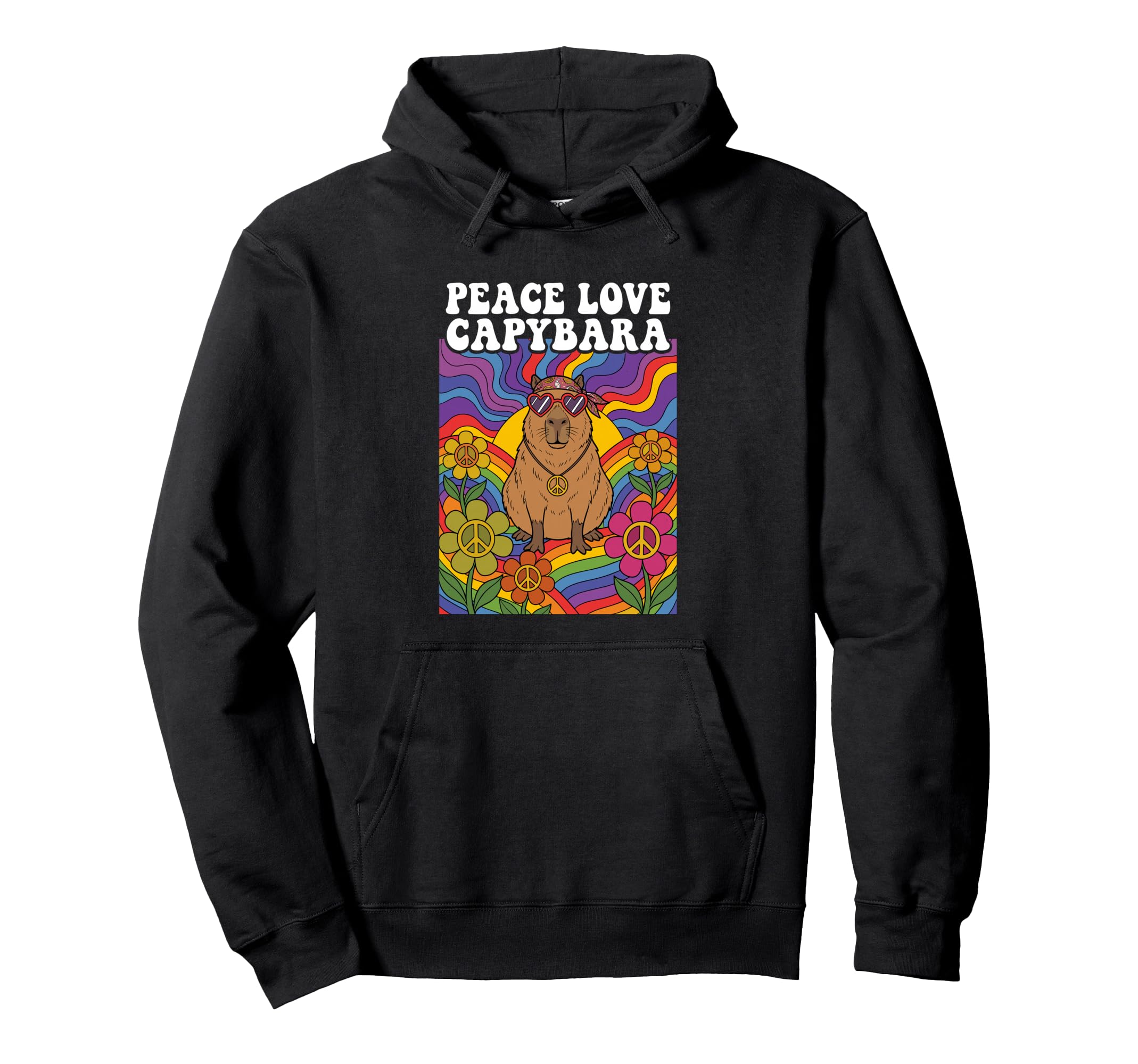 Hippie Capybara 60S 70S Peace Sign Hoodie - Unique Graphic for Adults - T-Shirt, Sweatshirt, Hoodie