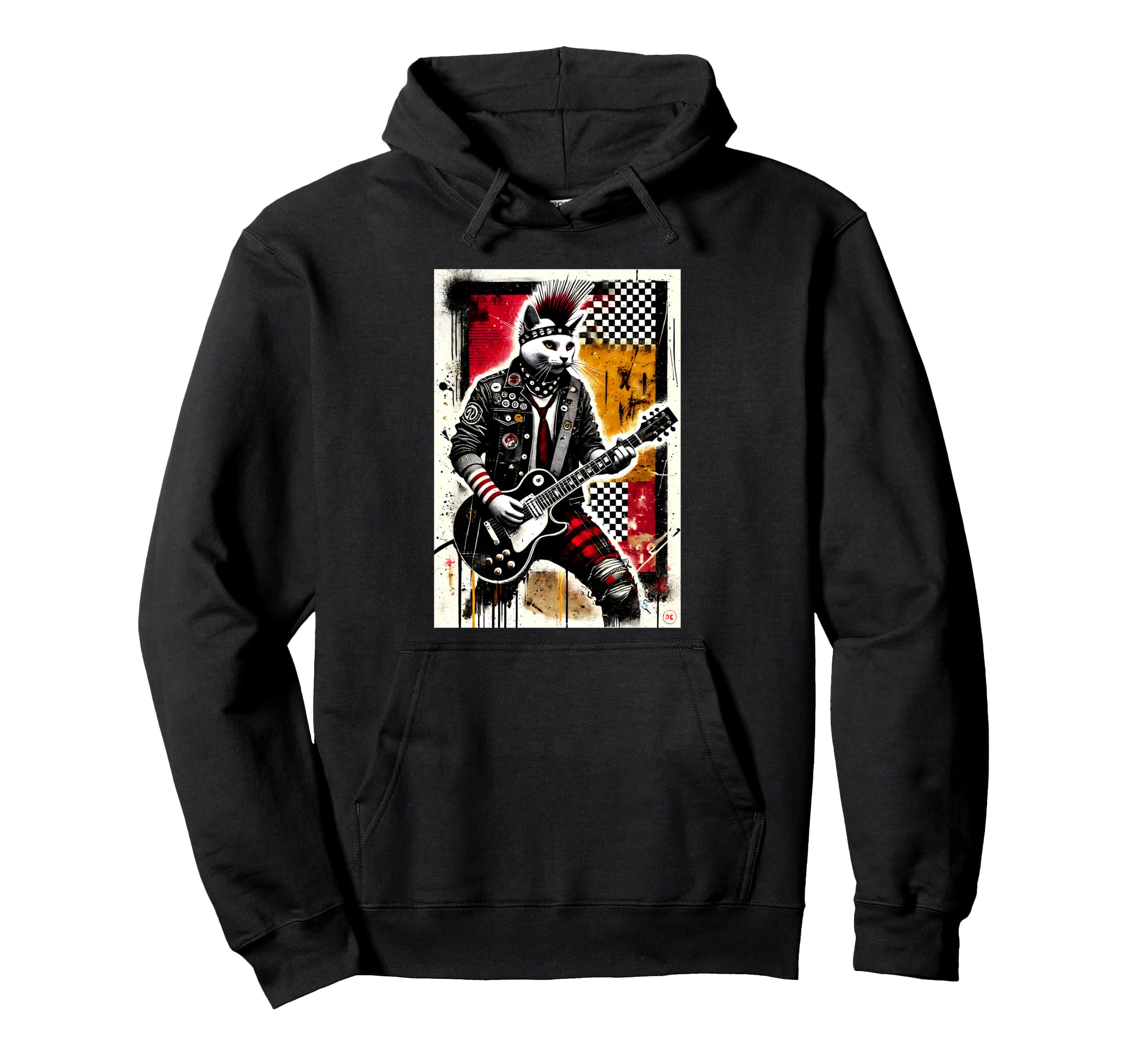 Distressed Cat Playing Guitar Punk Rock Hoodie - Custom Art Print Unisex - T-Shirt, Sweatshirt, Hoodie