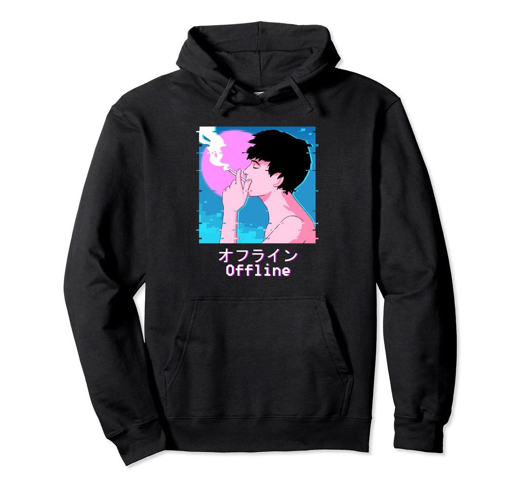Sad Smoking Offline Japanese Aesthetic Hoodie - Aesthetic Graphic Unisex - T-Shirt, Sweatshirt, Hoodie