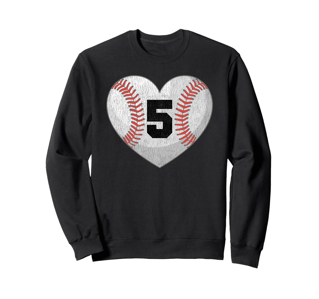 Baseball Number 5 Distressed Heart Sweatshirt - Novelty Apparel Unisex - T-Shirt, Sweatshirt, Hoodie