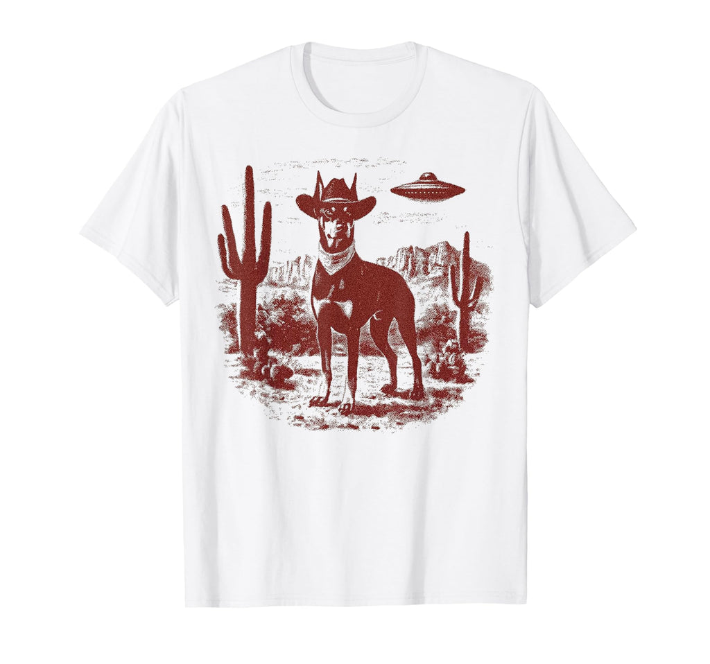 Funny Ufo Western Cowboy Doberman T-Shirt - Minimalist Print Unisex - T-Shirt, Sweatshirt, Hoodie