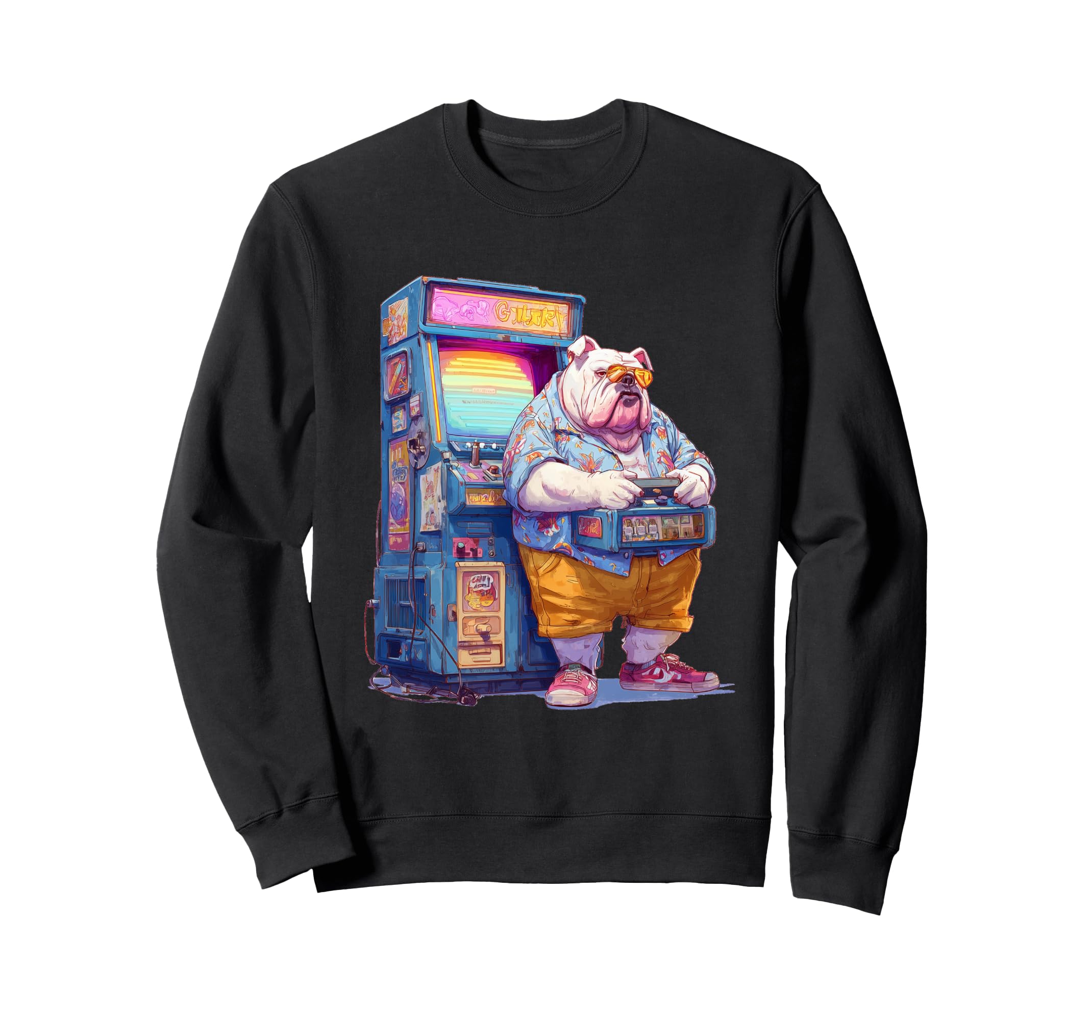 Funny English Bulldog Gamer Dog 80S Sweatshirt - Graphic Print Unisex - T-Shirt, Sweatshirt, Hoodie