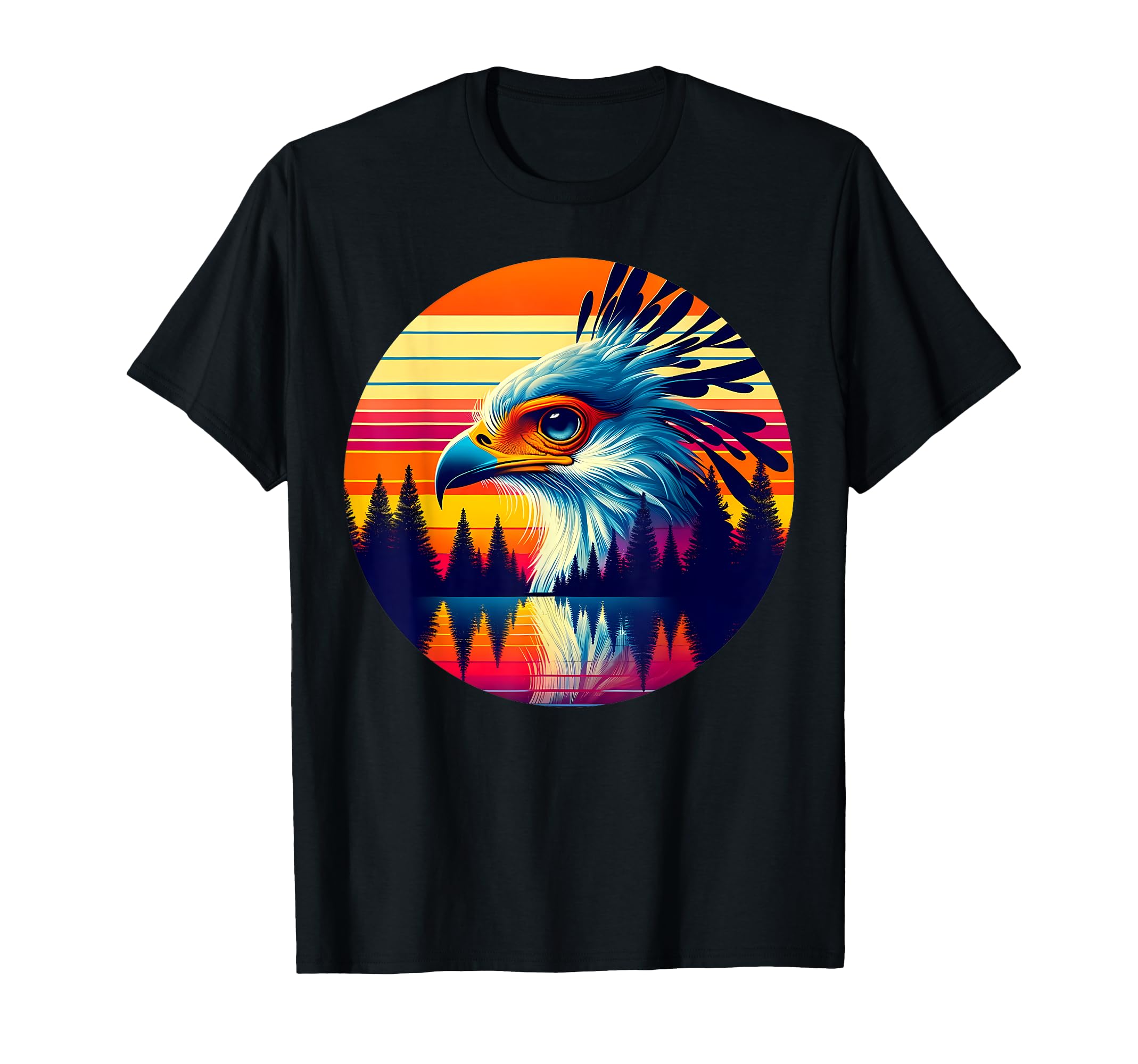 Secretary Bird Sunset Safari 70S T-Shirt - Unique Graphic for Adults - T-Shirt, Sweatshirt, Hoodie