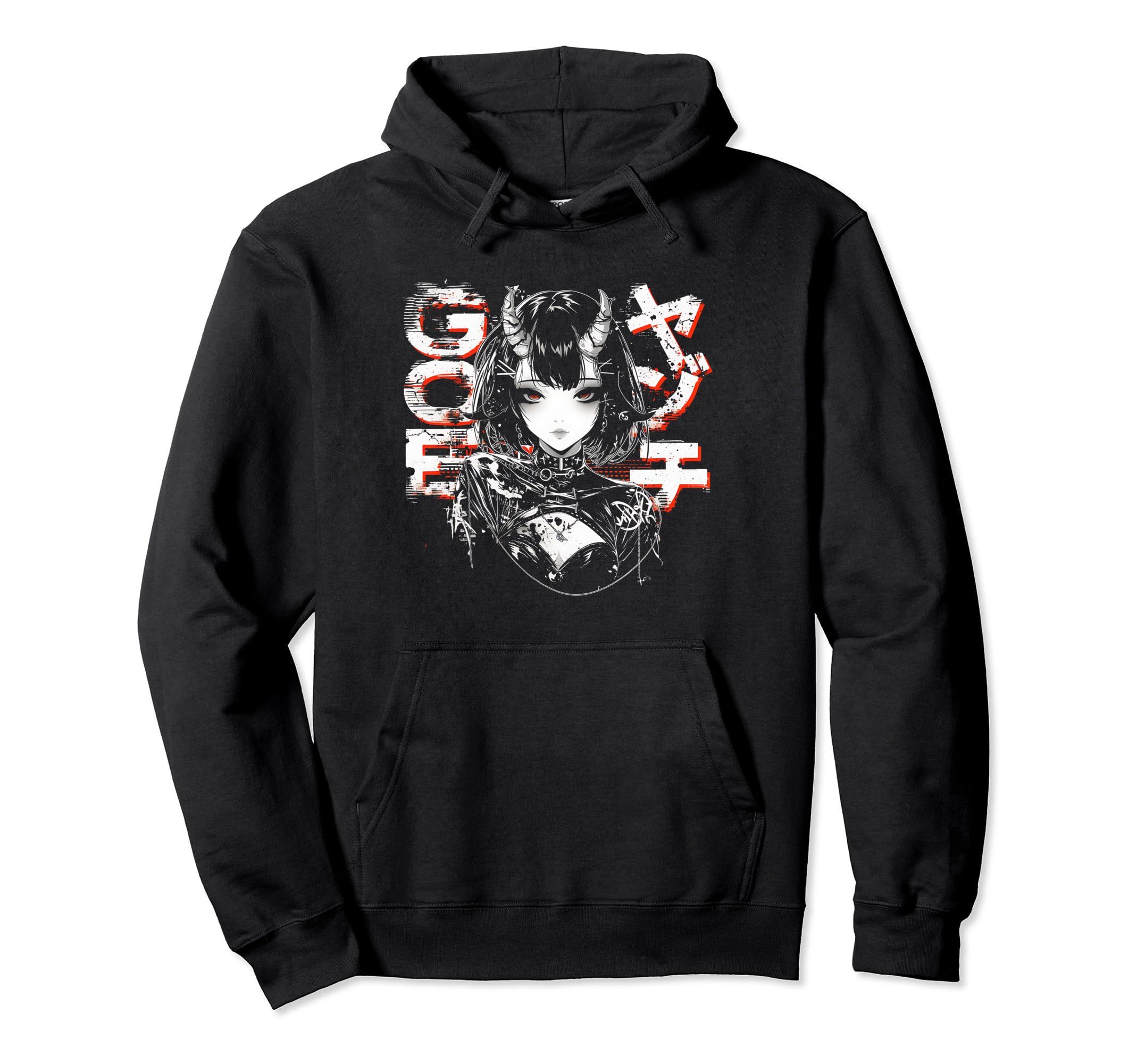 Anime Goth Grunge Demon Waifu Horror Hoodie - Minimalist Print for Adults - T-Shirt, Sweatshirt, Hoodie