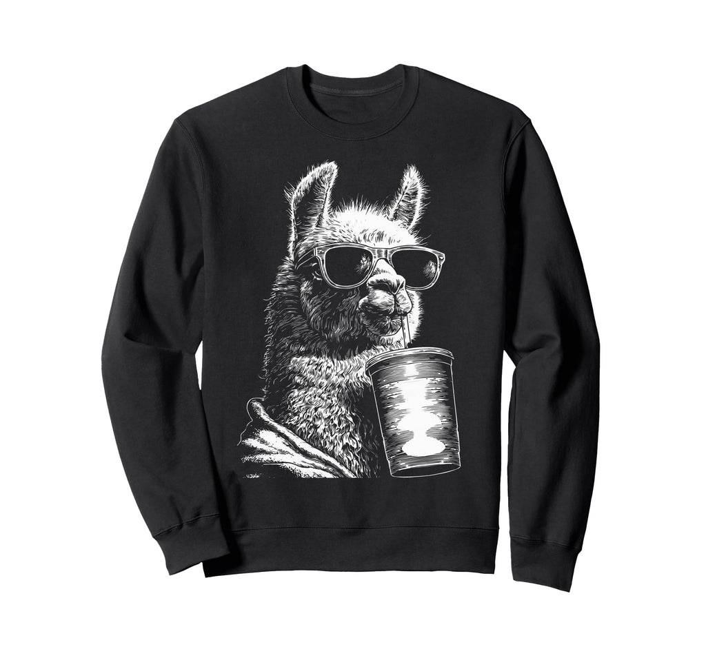 Llama Drinking Iced Coffee Funny Animal Sweatshirt - Trendy Graphic Unisex - T-Shirt, Sweatshirt, Hoodie