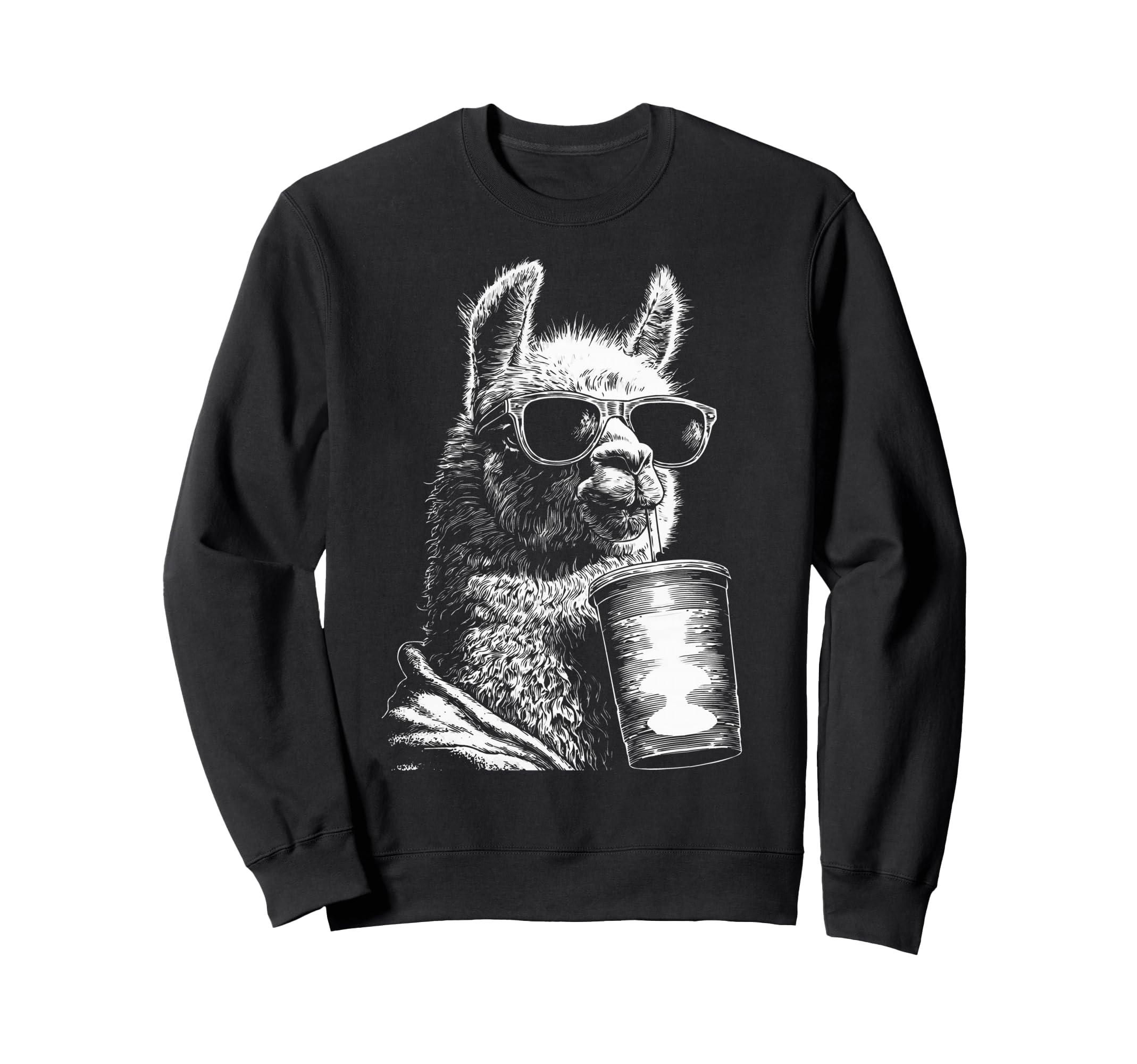 Llama Drinking Iced Coffee Funny Animal Sweatshirt - Trendy Graphic Unisex - T-Shirt, Sweatshirt, Hoodie