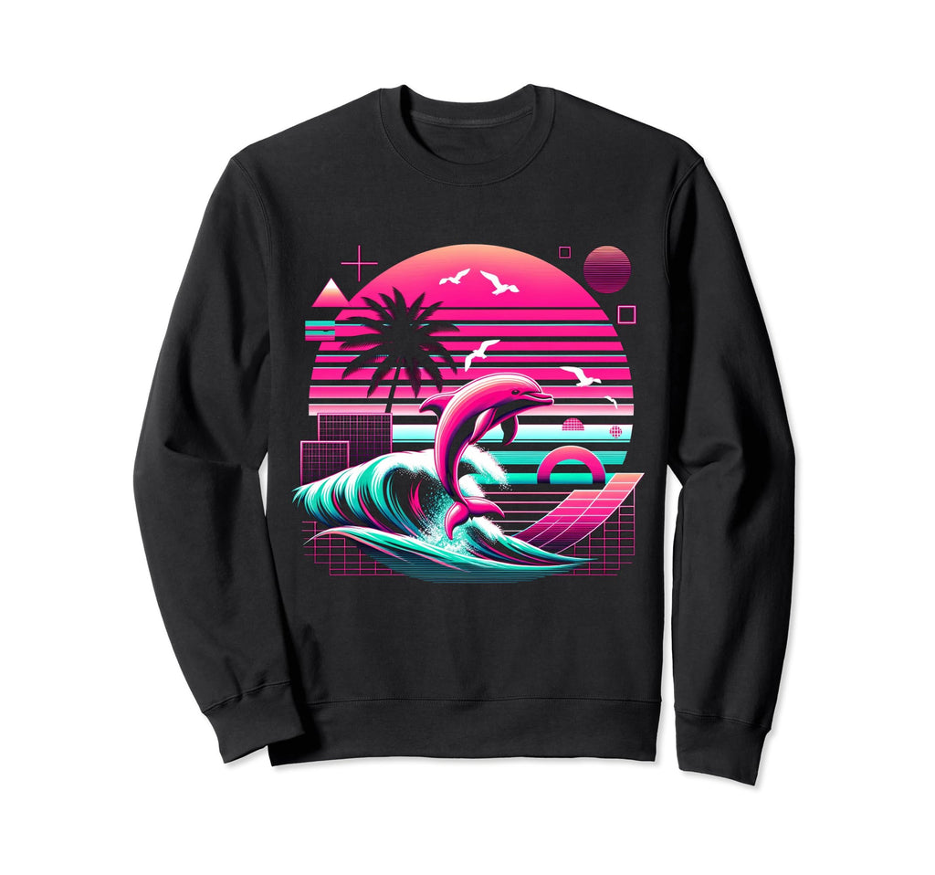 Palm Sunset Dolphin 80S 90S Vaporwave Sweatshirt - Graphic Print Men Women - T-Shirt, Sweatshirt, Hoodie