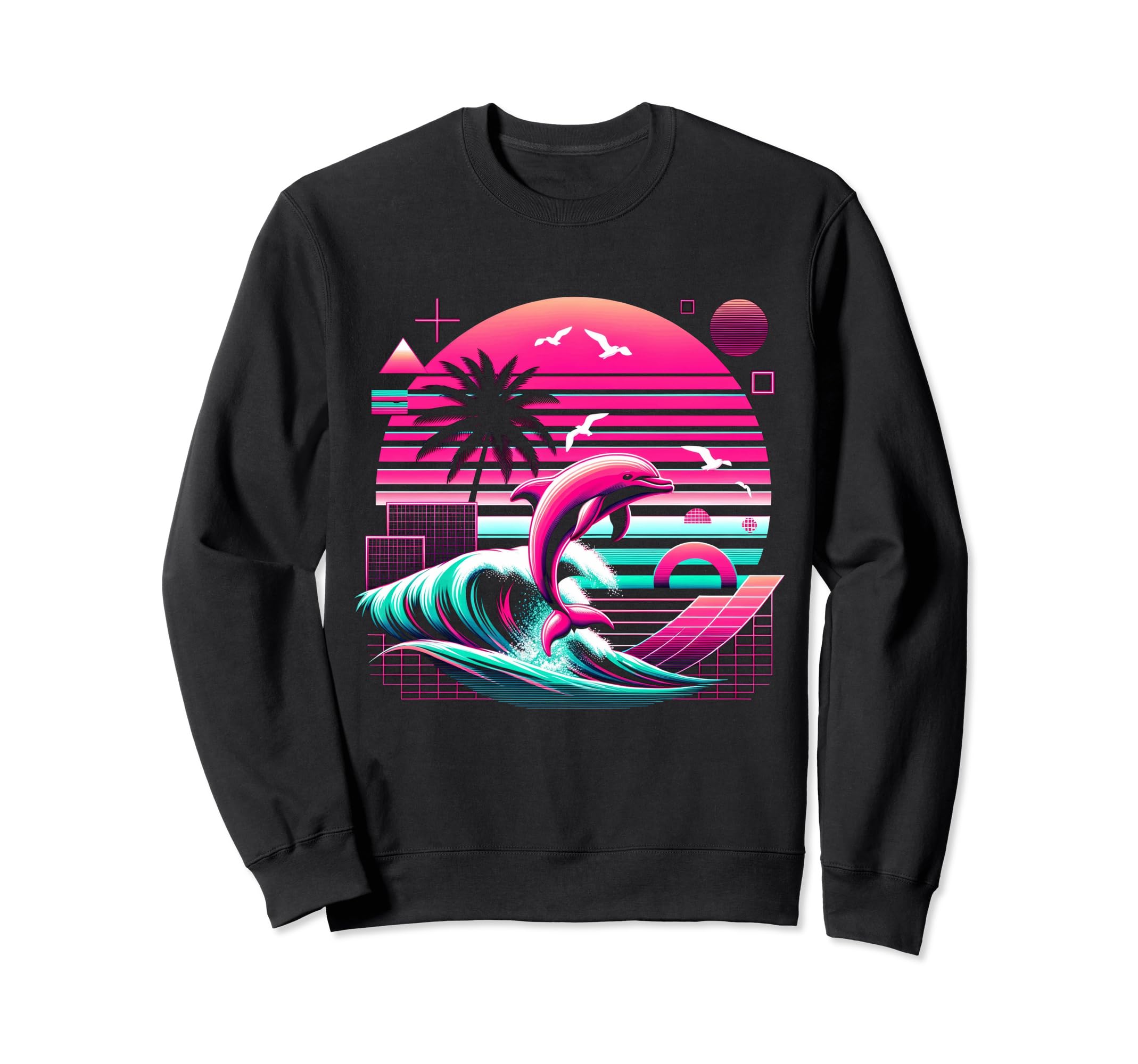 Palm Sunset Dolphin 80S 90S Vaporwave Sweatshirt - Graphic Print Men Women - T-Shirt, Sweatshirt, Hoodie
