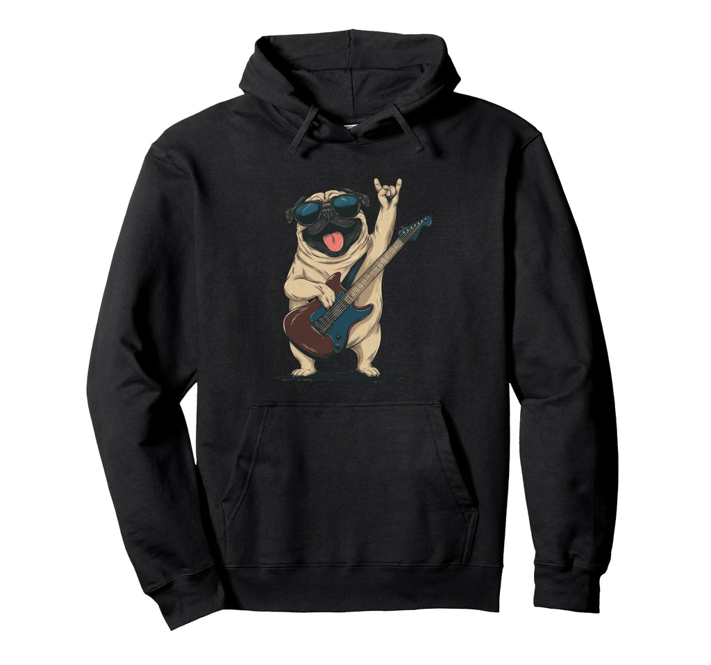 Rockstar Pug Sunglasses Electric Guitar Hoodie - Graphic Print Men Women - T-Shirt, Sweatshirt, Hoodie