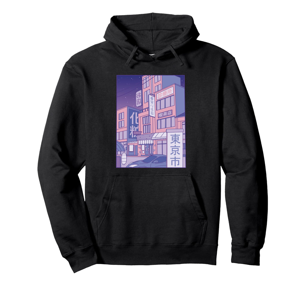 Japanese City Vaporwave Art Hoodie - Aesthetic Graphic for Adults - T-Shirt, Sweatshirt, Hoodie