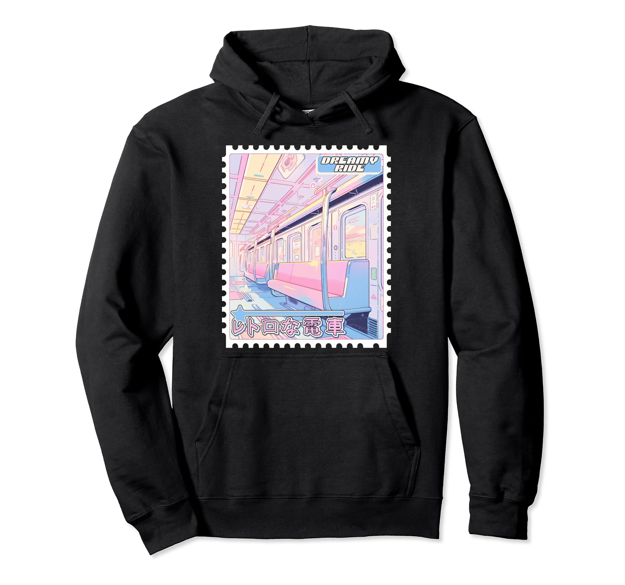 90S Anime Train Postage Stamp Pastel Hoodie - Trendy Graphic for Adults - T-Shirt, Sweatshirt, Hoodie