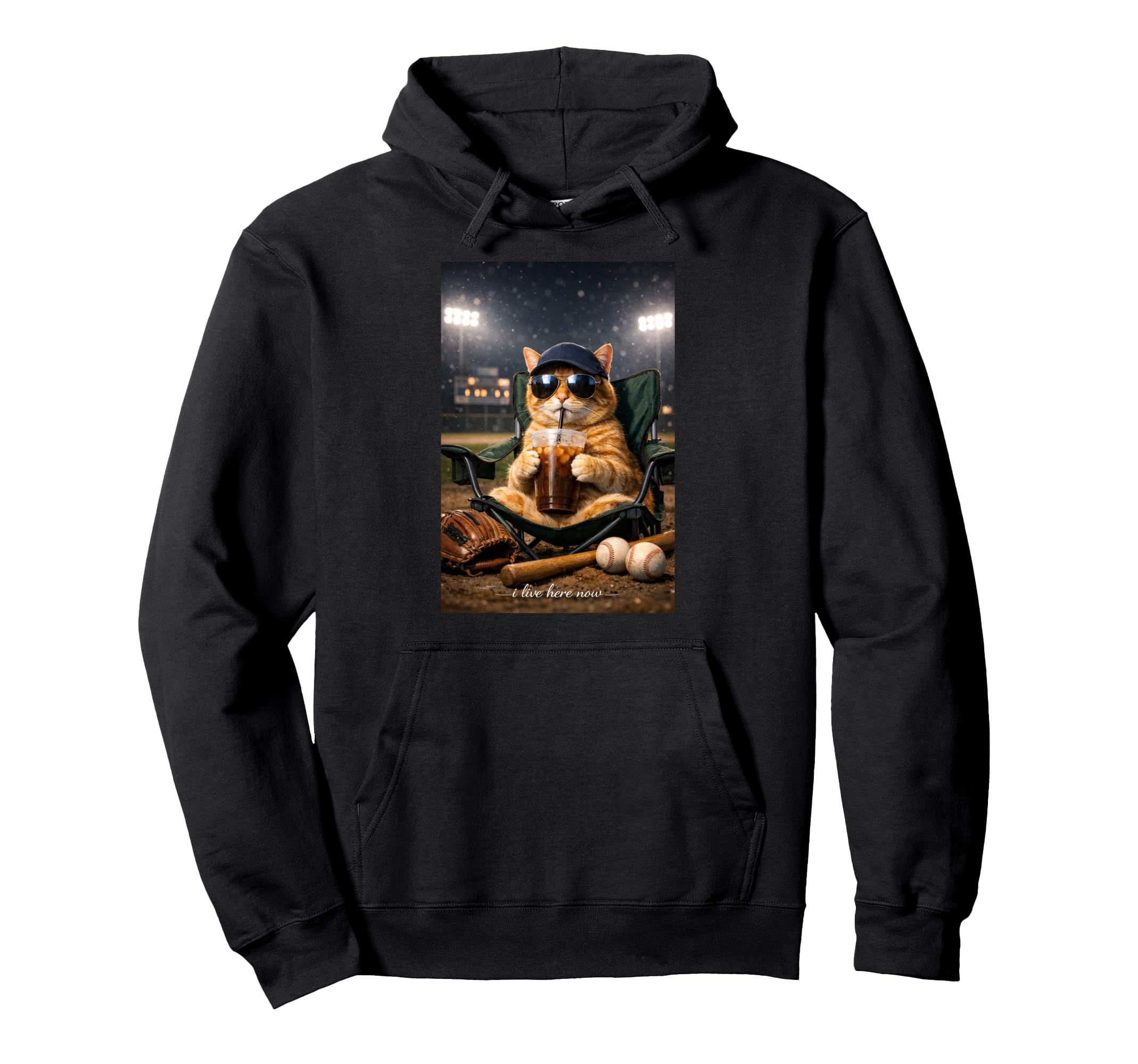 Funny Orange Cat Iced Coffee I Live Here Hoodie - Unique Graphic Men Women - T-Shirt, Sweatshirt, Hoodie