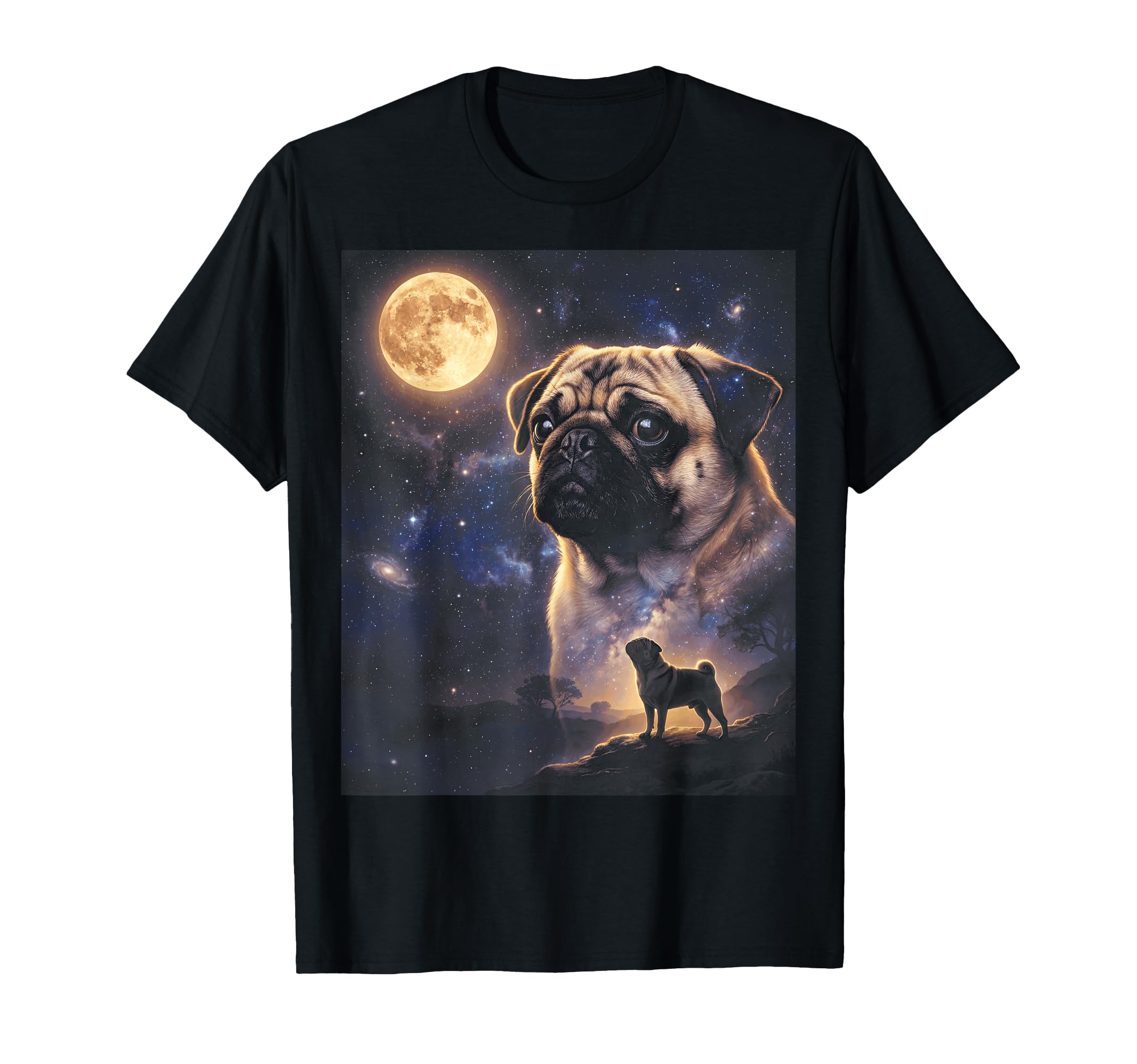 Celestial Pug Full Moon Howling T-Shirt - Aesthetic Graphic Men Women - T-Shirt, Sweatshirt, Hoodie