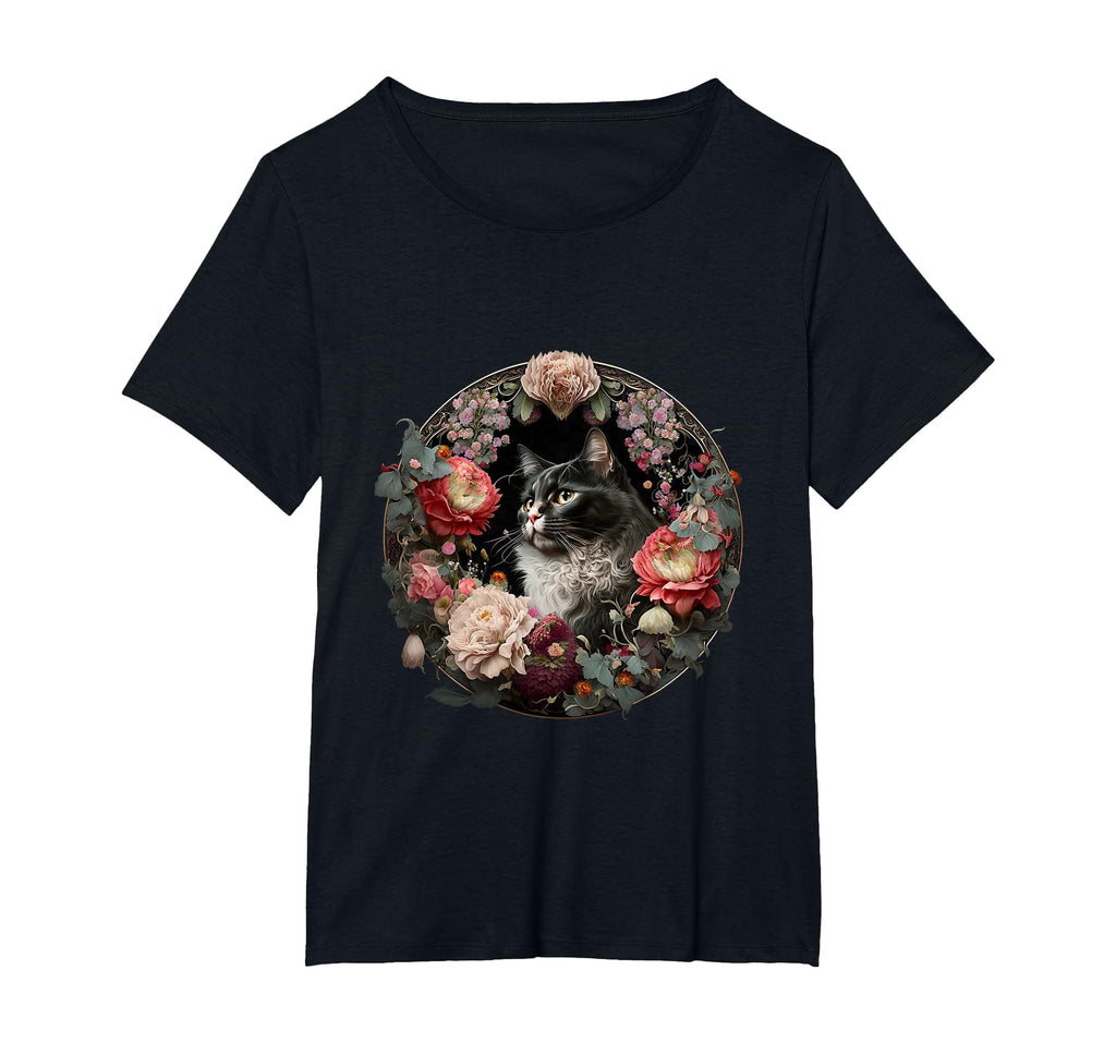 Boho Black Cat Flower Kawaii Peony Lilac T-Shirt - Graphic Print Men Women - T-Shirt, Sweatshirt, Hoodie