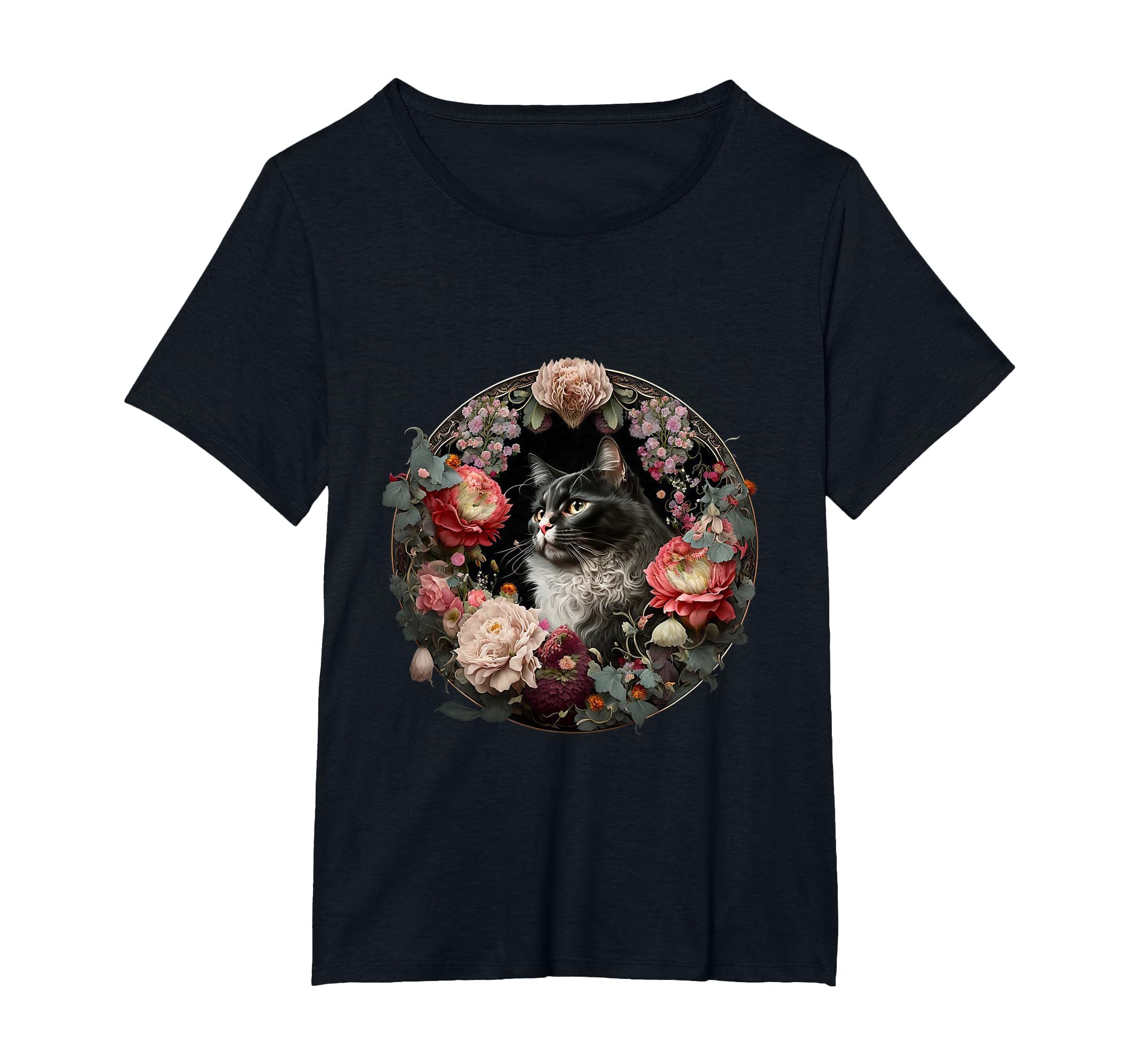 Boho Black Cat Flower Kawaii Peony Lilac T-Shirt - Graphic Print Men Women - T-Shirt, Sweatshirt, Hoodie