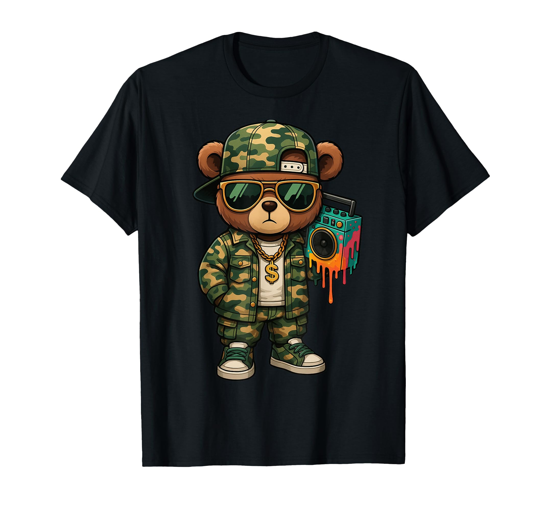 Camouflage Rapper Teddy Bear Camo 80S T-Shirt - Trendy Graphic Men Women - T-Shirt, Sweatshirt, Hoodie