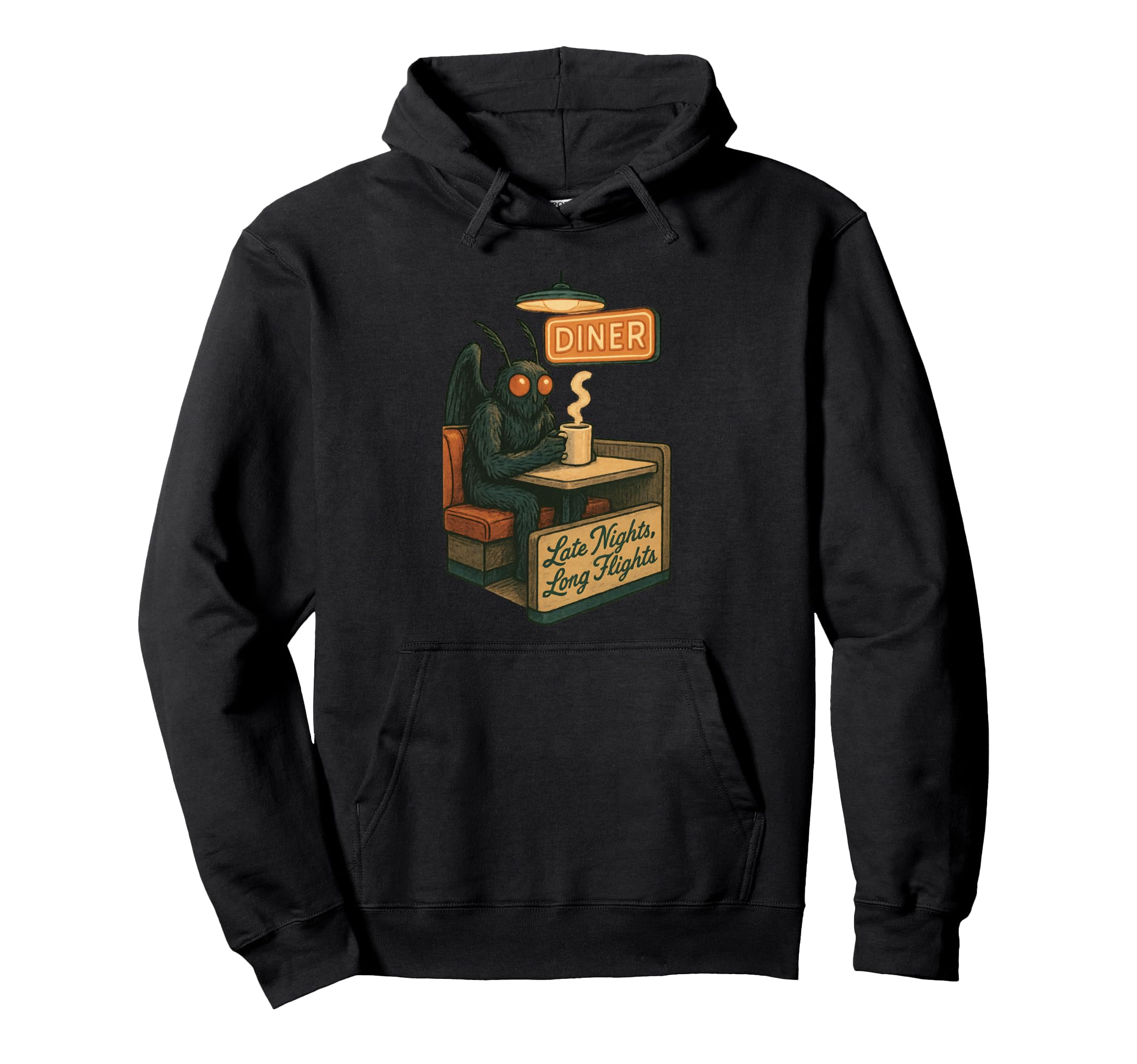 Mothman Coffee Diner Funny Caffeine Hoodie - Fun Novelty Design for Adults - T-Shirt, Sweatshirt, Hoodie