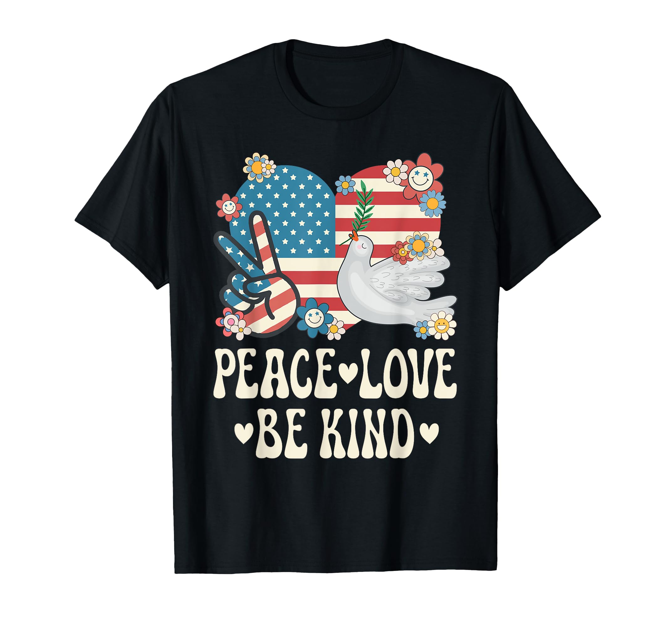 Peace Love Be Kind American Flag T-Shirt - Novelty Apparel for Adults - T-Shirt, Sweatshirt, Hoodie