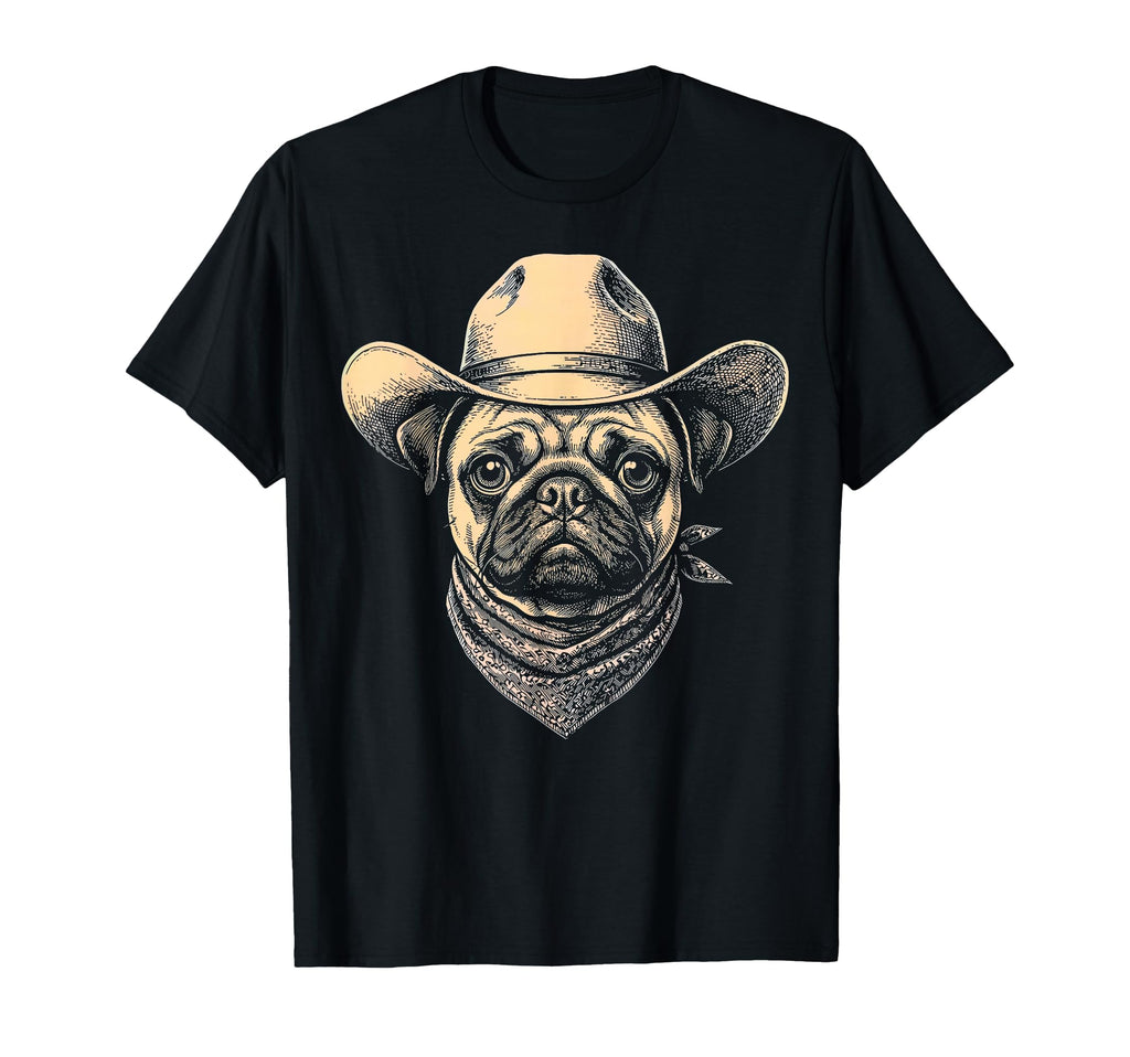 Pug Dog Cowboy Hat Bandana Western T-Shirt - Fun Novelty Design Unisex - T-Shirt, Sweatshirt, Hoodie